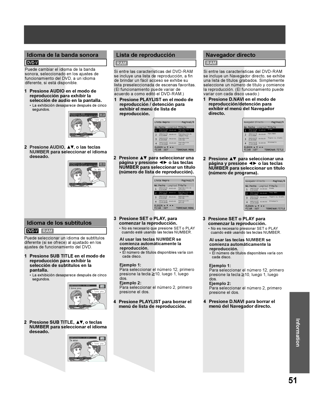 Panasonic PV 27DF25 Idioma de la banda sonora, Lista de reproducción, Navegador directo, Idioma de los subtítulos 