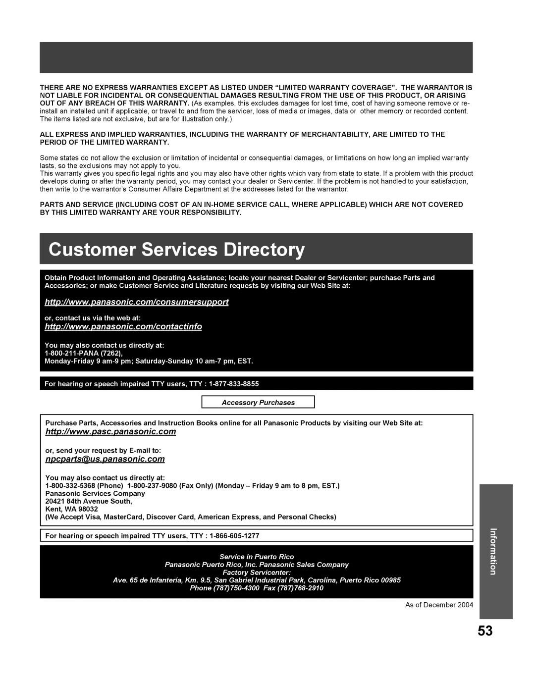 Panasonic PV 27DF25, PV 20DF25 operating instructions Customer Services Directory, Accessory Purchases 