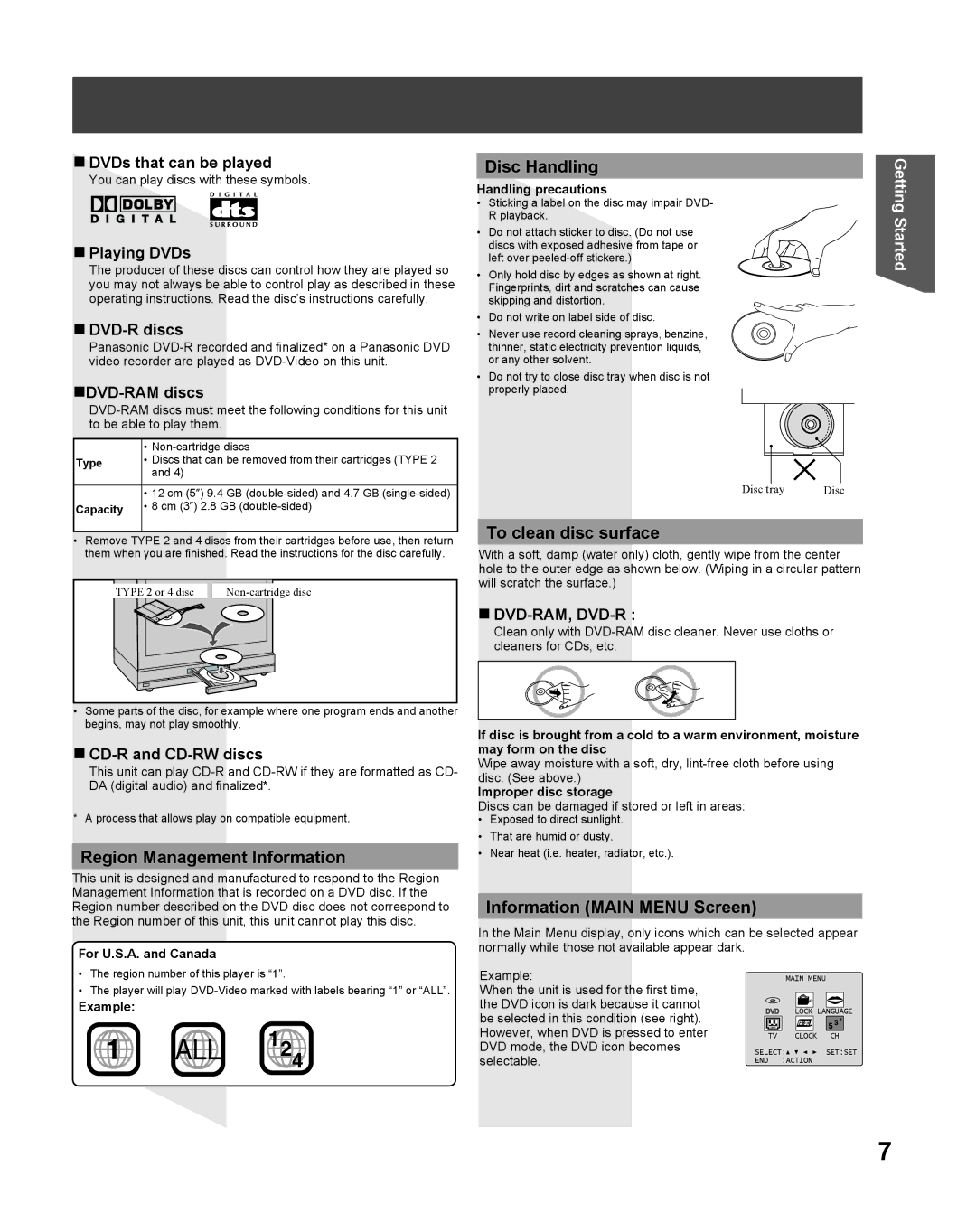 Panasonic PV 27DF25 Region Management Information, Disc Handling, To clean disc surface, Information Main Menu Screen 