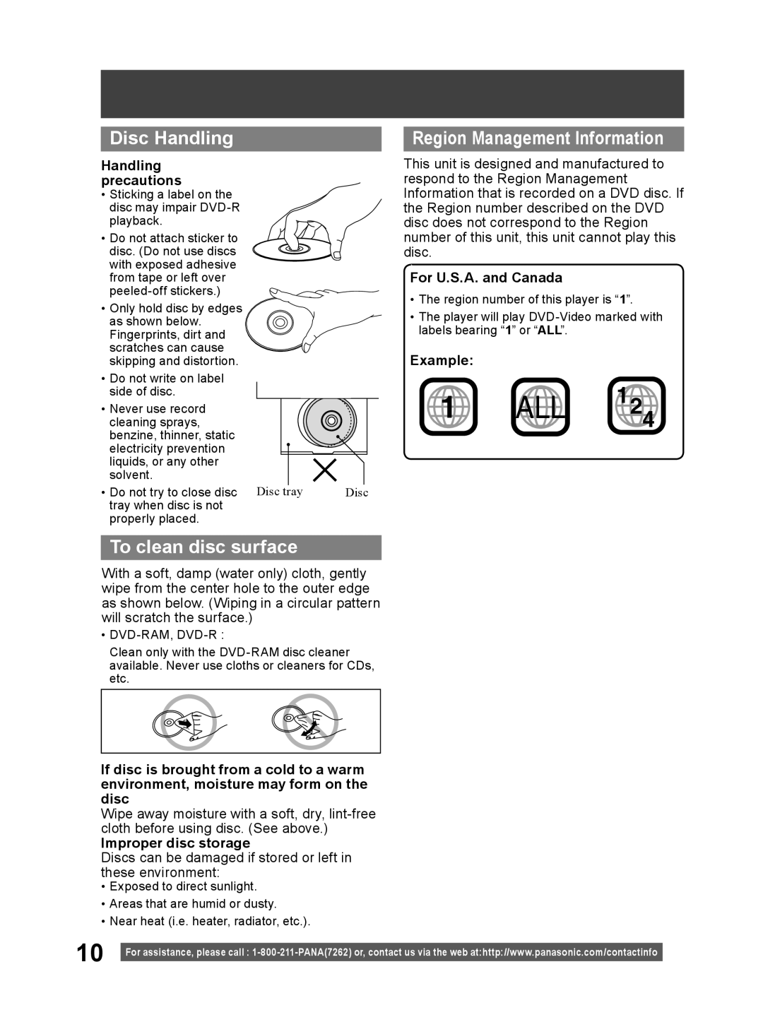 Panasonic PV 20DF64, PV 27DF64 operating instructions Disc Handling, To clean disc surface, Region Management Information 