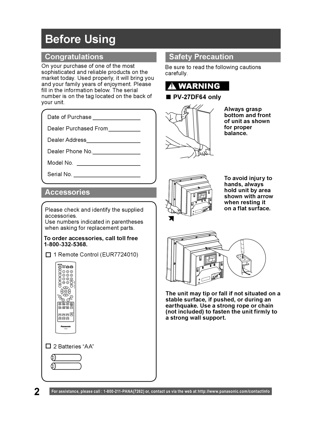 Panasonic PV 20DF64, PV 27DF64 Before Using, Congratulations, Accessories, Safety Precaution, PV-27DF64 only 