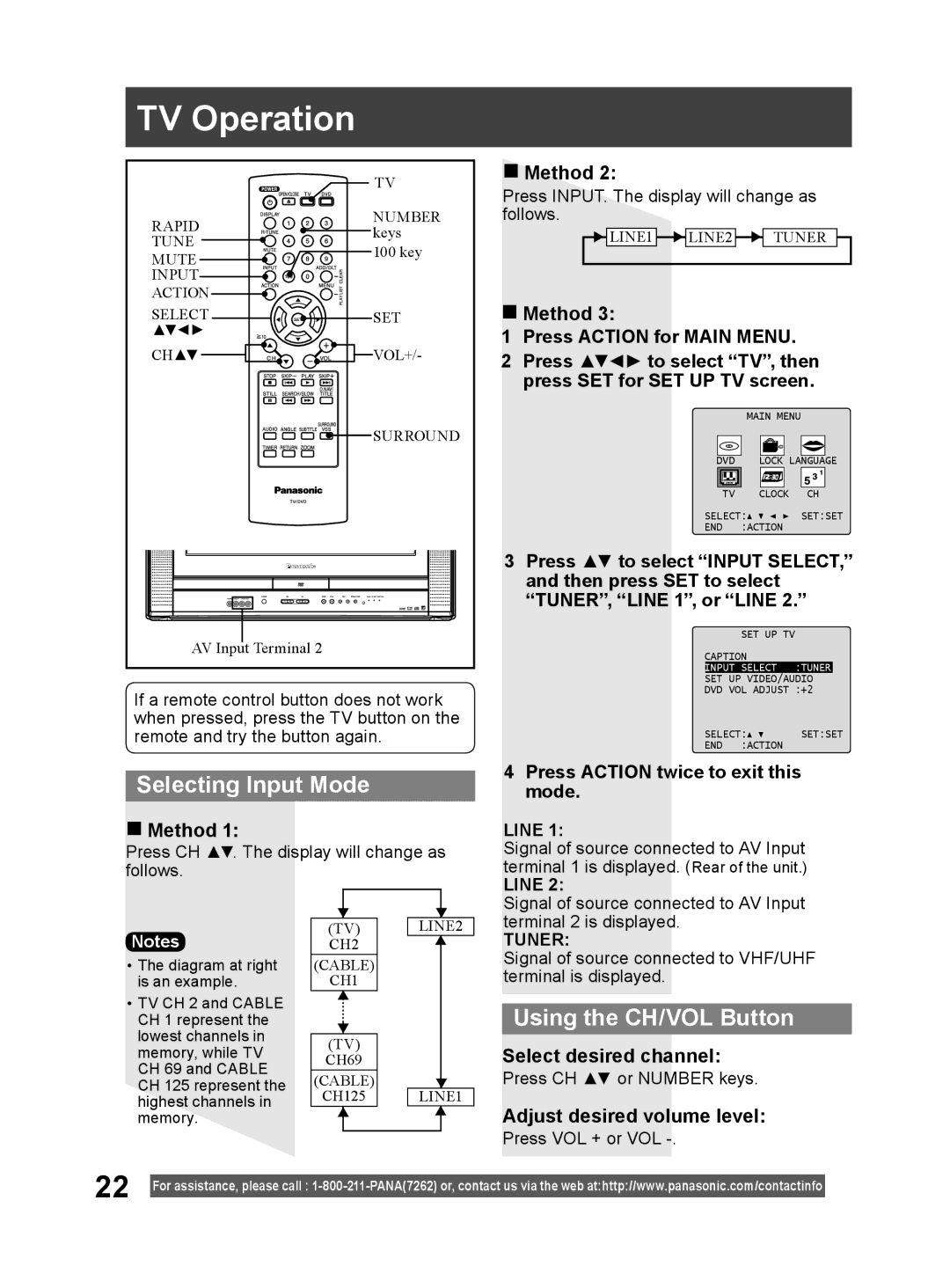 Panasonic PV 20DF64, PV 27DF64 operating instructions TV Operation, Selecting Input Mode, Using the CH/VOL Button 