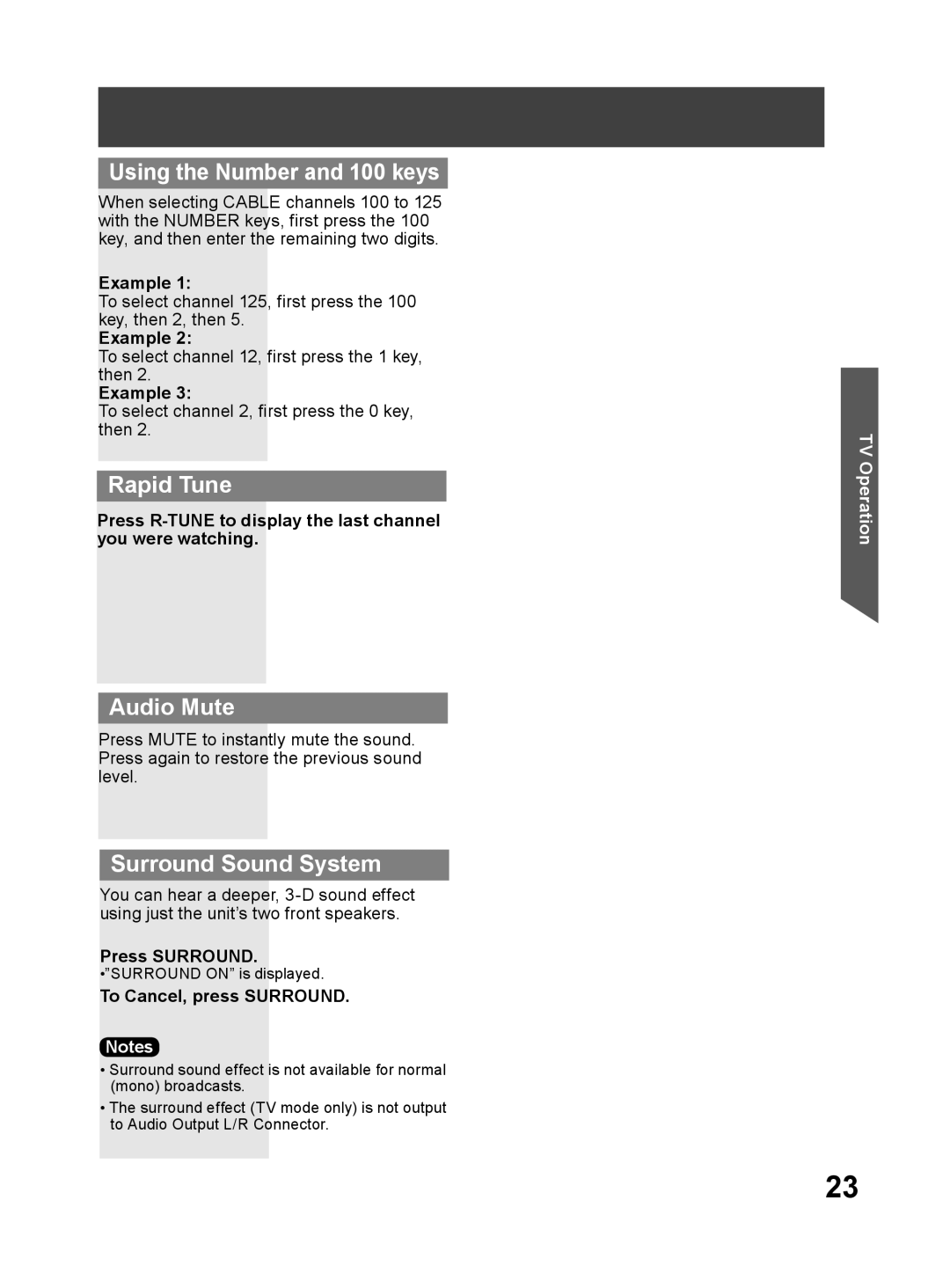 Panasonic PV 27DF64, PV 20DF64 Using the Number and 100 keys, Rapid Tune, Audio Mute, Surround Sound System 