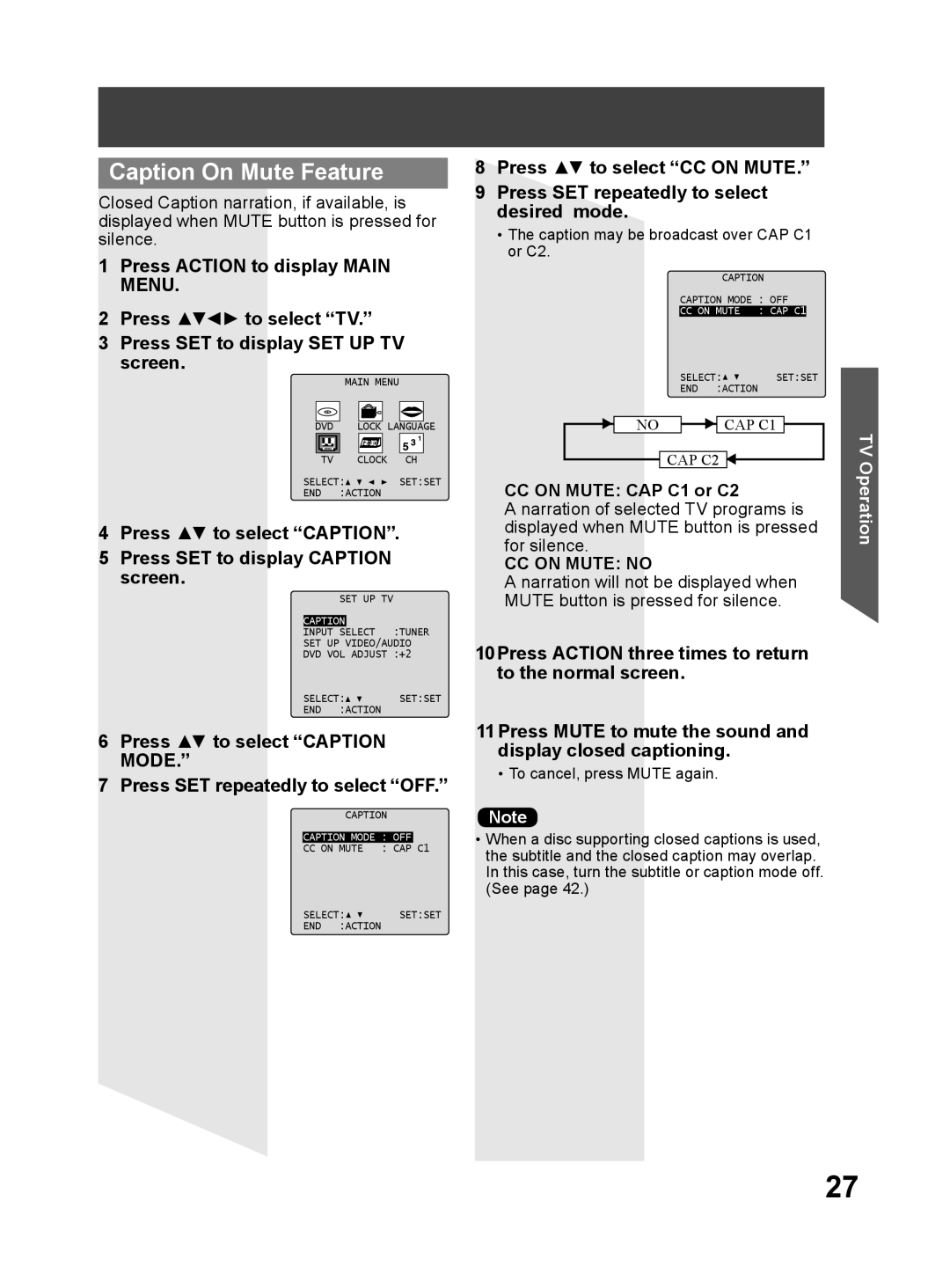 Panasonic PV 27DF64, PV 20DF64 Caption On Mute Feature, Press to select Caption Press SET to display Caption screen 