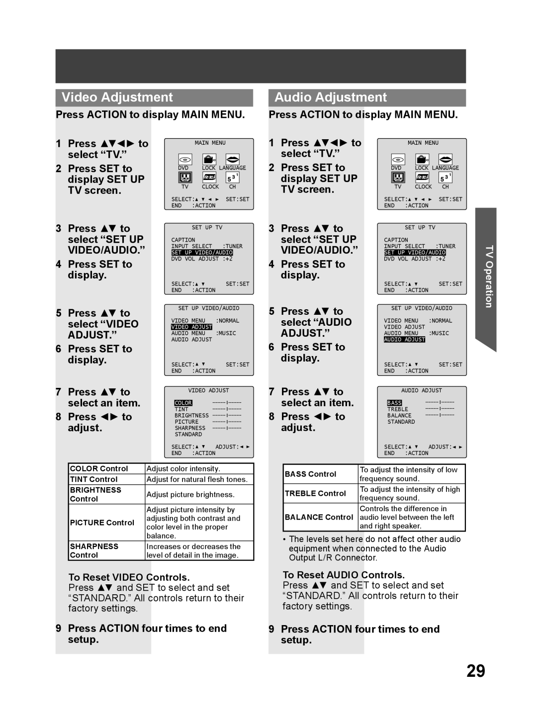 Panasonic PV 27DF64, PV 20DF64 operating instructions Video Adjustment, Audio Adjustment, Video/Audio 