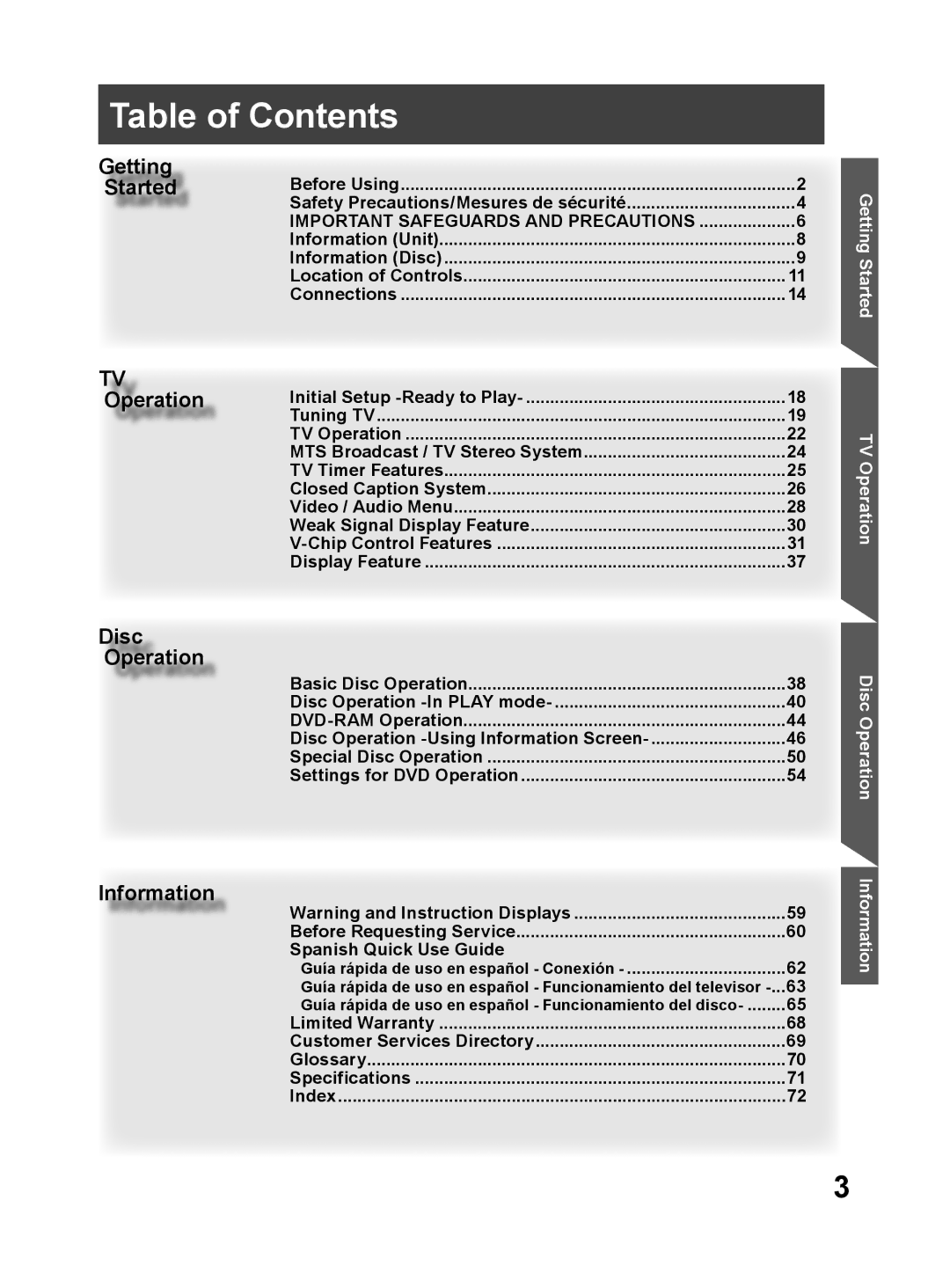 Panasonic PV 27DF64, PV 20DF64 operating instructions Table of Contents 