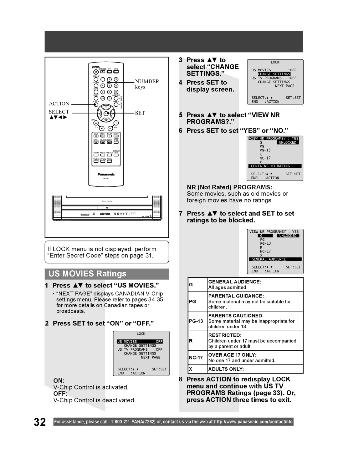 Panasonic PV 20DF64, PV 27DF64 operating instructions US Movies Ratings, Settings 