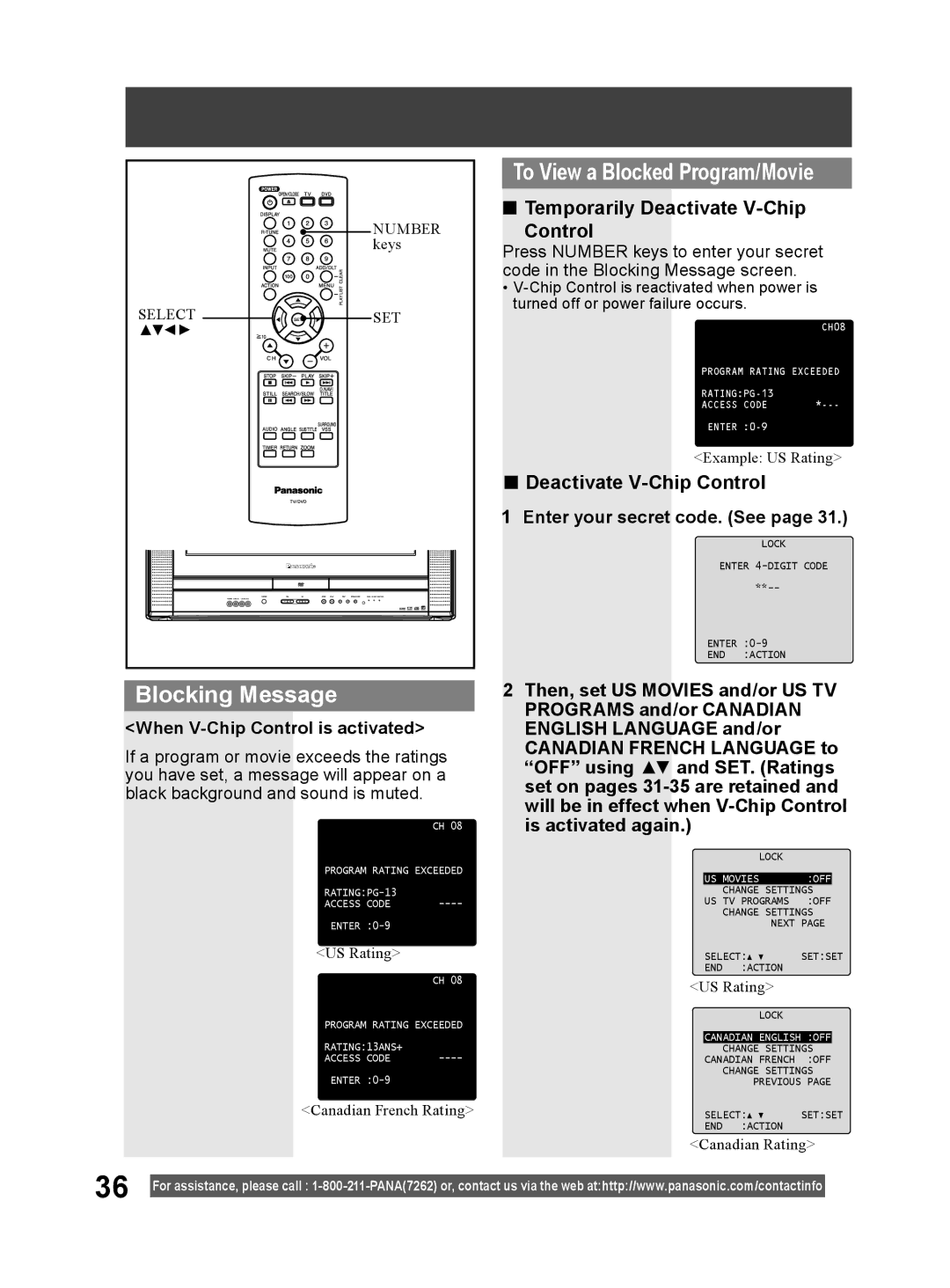 Panasonic PV 20DF64, PV 27DF64 Blocking Message, Temporarily Deactivate V-Chip Control, When V-Chip Control is activated 