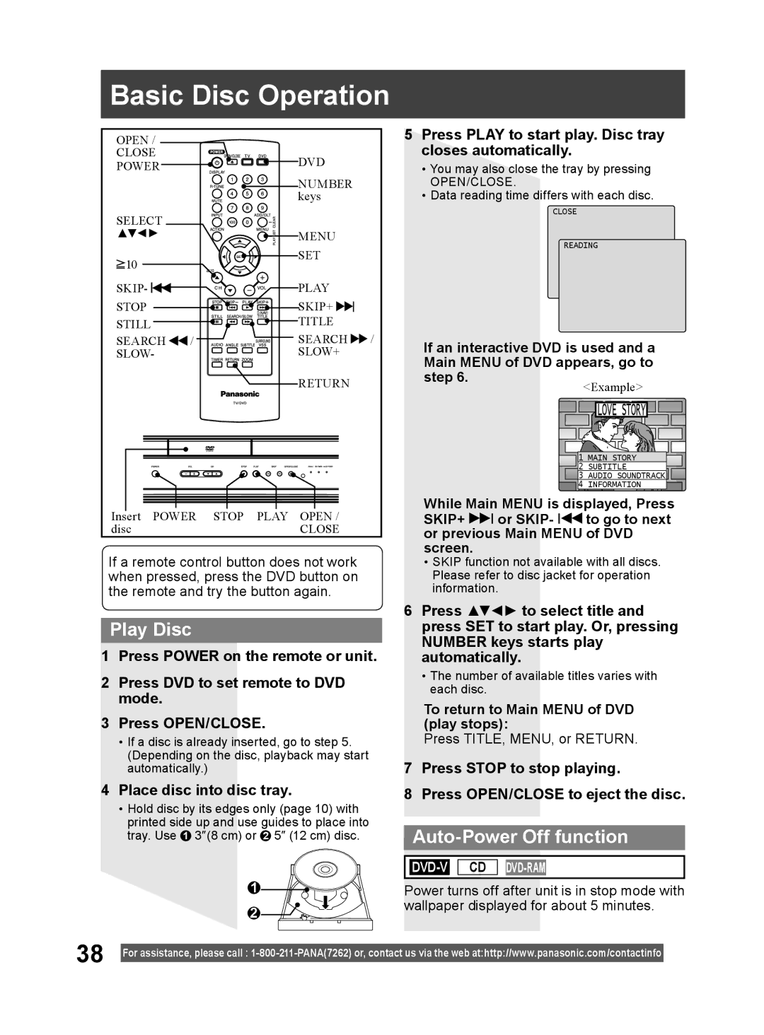 Panasonic PV 20DF64, PV 27DF64 Basic Disc Operation, Play Disc, Auto-Power Off function, Place disc into disc tray 