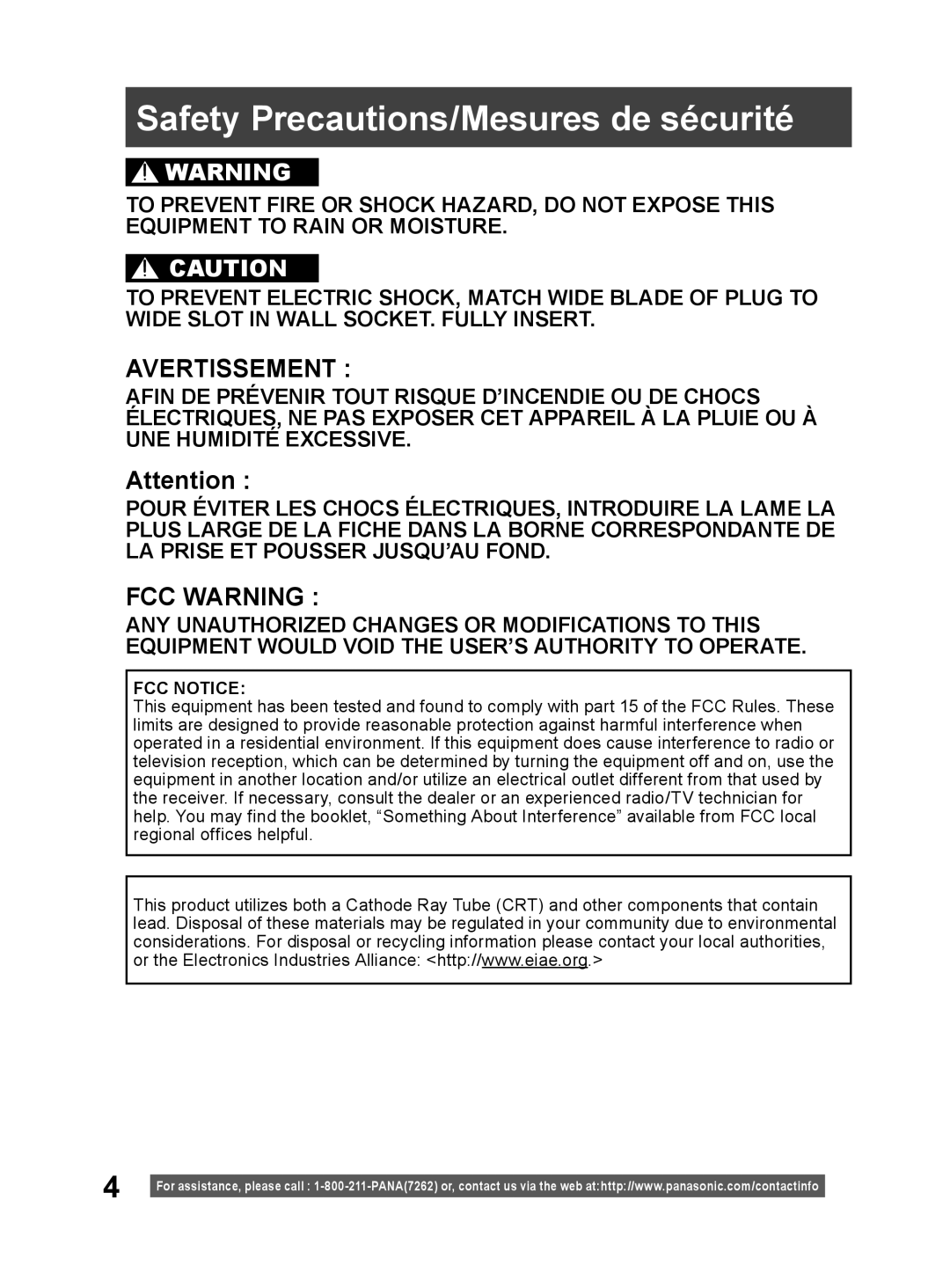 Panasonic PV 20DF64, PV 27DF64 operating instructions Safety Precautions/Mesures de sécurité, Avertissement 