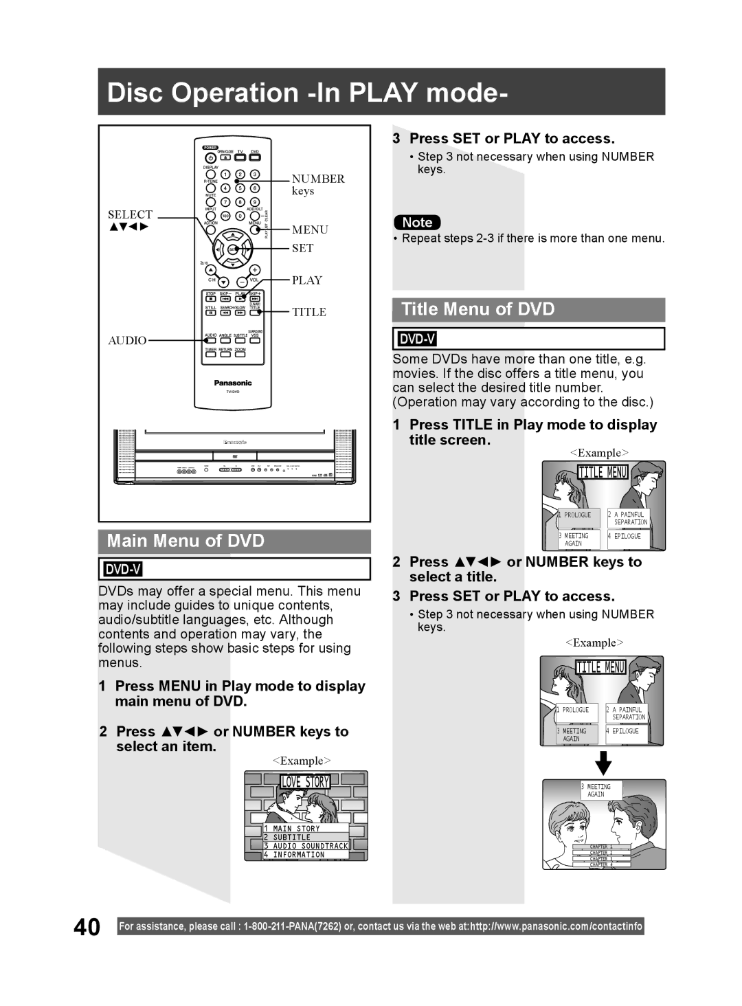 Panasonic PV 20DF64 Disc Operation -In Play mode, Main Menu of DVD, Title Menu of DVD, Press SET or Play to access 