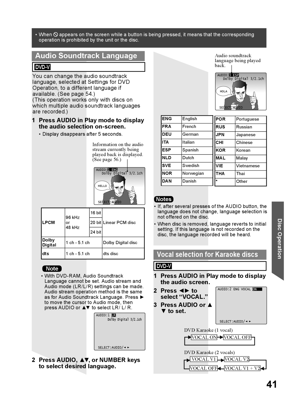 Panasonic PV 27DF64 Audio Soundtrack Language, Vocal selection for Karaoke discs, Select Vocal Press Audio or to set 