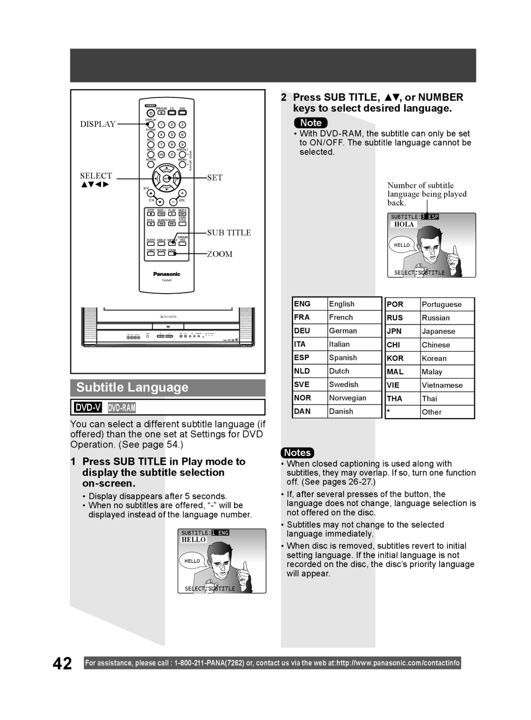 Panasonic PV 20DF64, PV 27DF64 Subtitle Language, Press SUB TITLE, , or Number keys to select desired language 