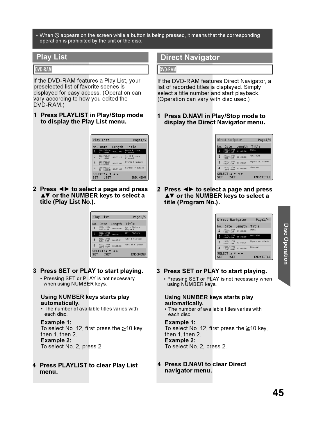 Panasonic PV 27DF64, PV 20DF64 operating instructions Play List Direct Navigator, Press SET or Play to start playing 