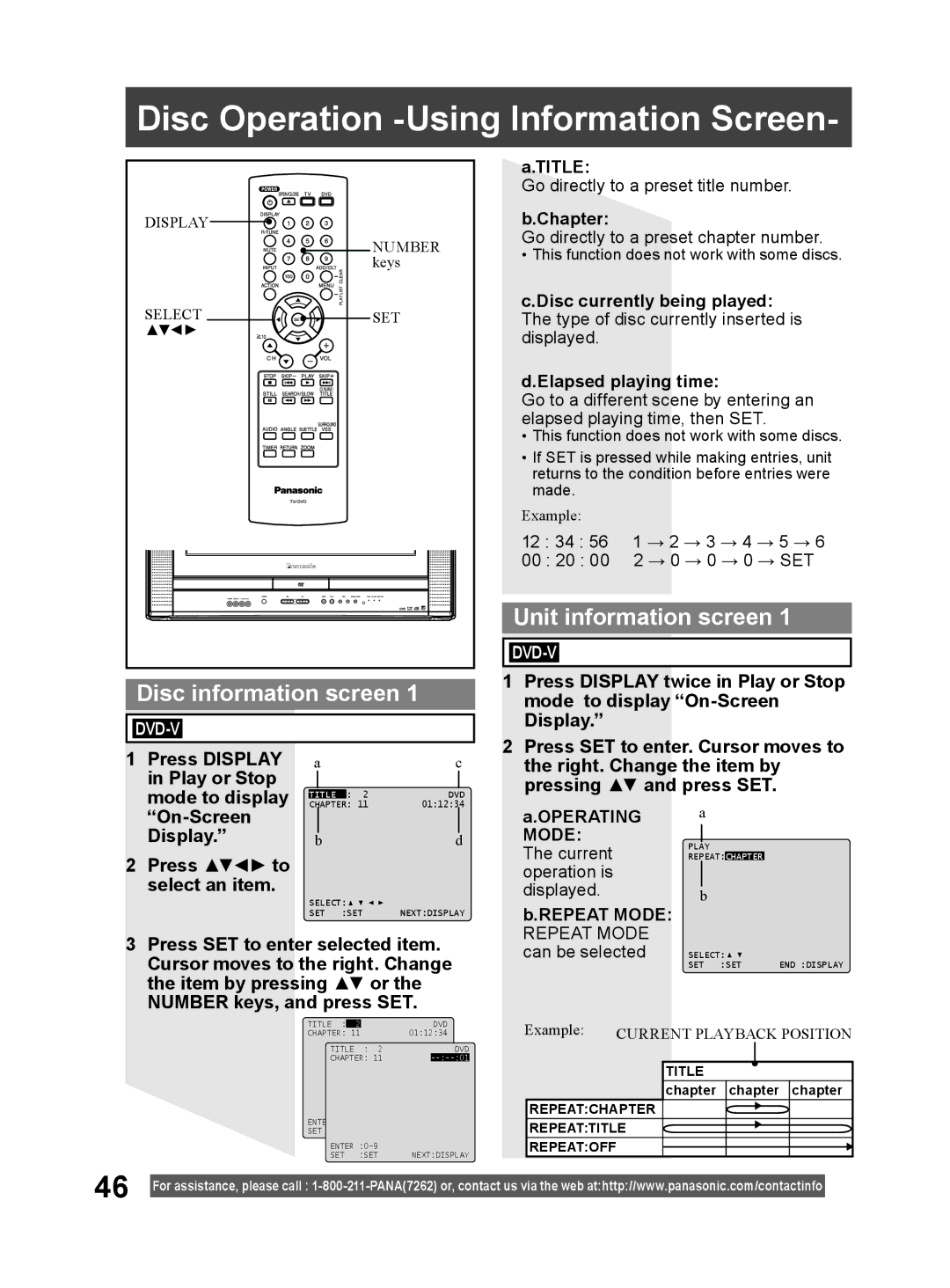 Panasonic PV 20DF64, PV 27DF64 Disc Operation -Using Information Screen, Disc information screen, Unit information screen 