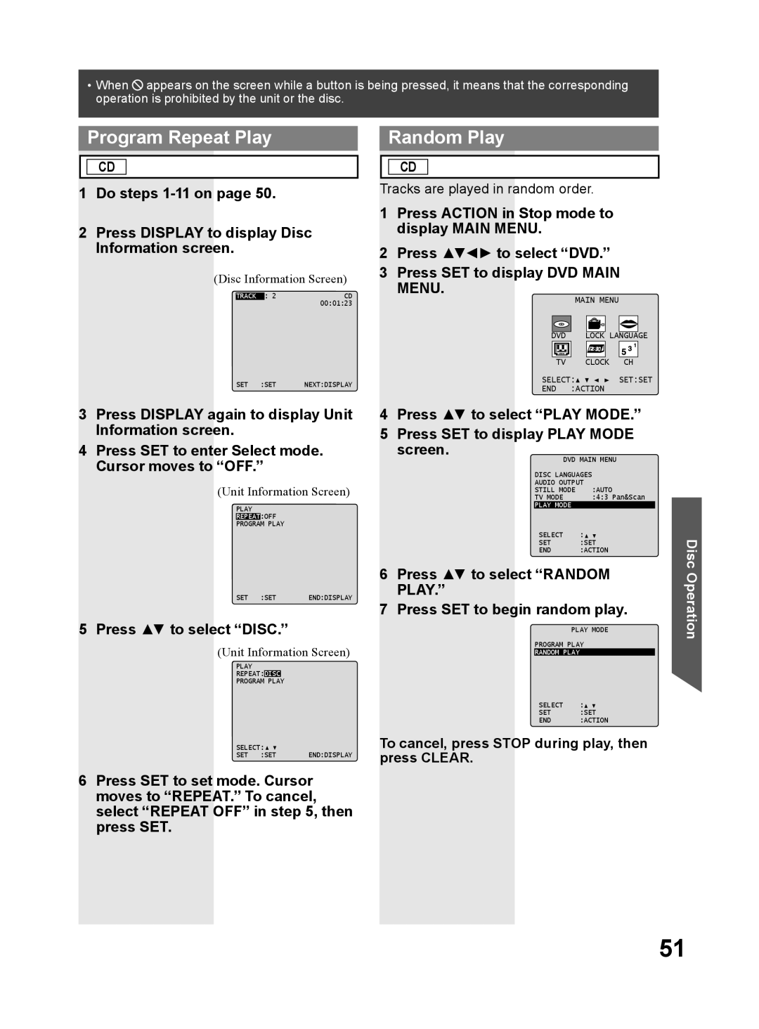 Panasonic PV 27DF64, PV 20DF64 operating instructions Program Repeat Play, Random Play, Press to select Disc 