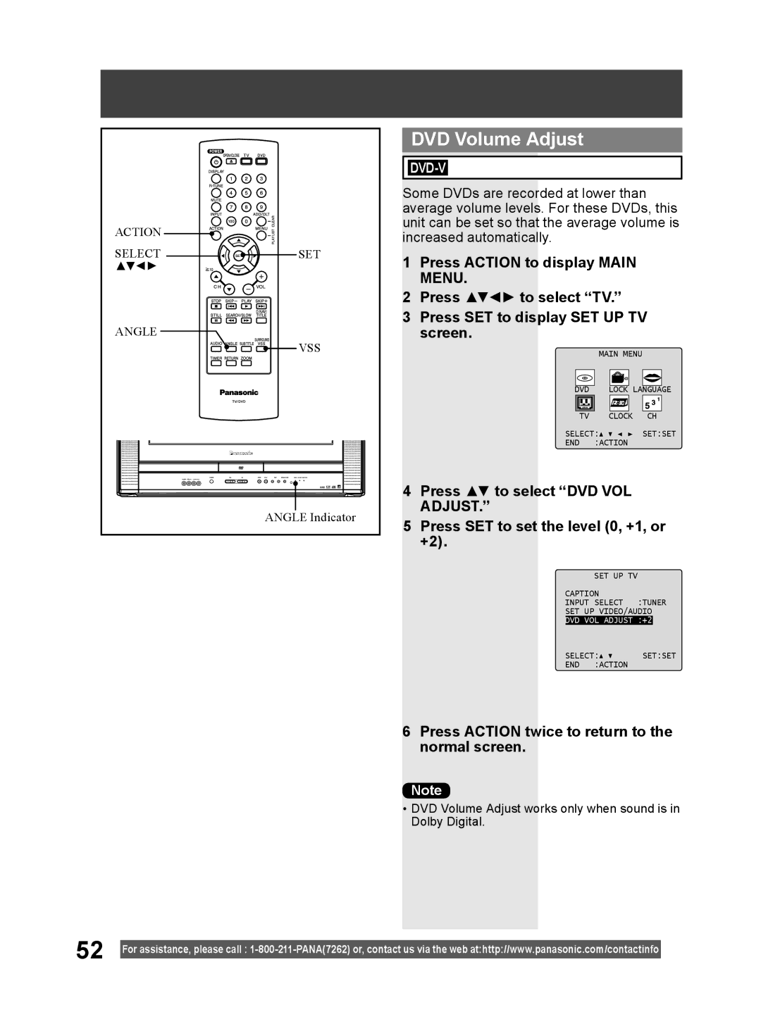 Panasonic PV 20DF64, PV 27DF64 operating instructions DVD Volume Adjust, Press Action twice to return to the normal screen 