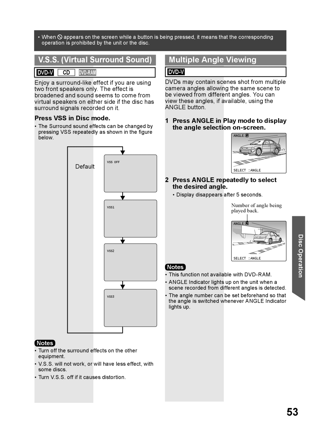 Panasonic PV 27DF64, PV 20DF64 S. Virtual Surround Sound, Multiple Angle Viewing, Press VSS in Disc mode 