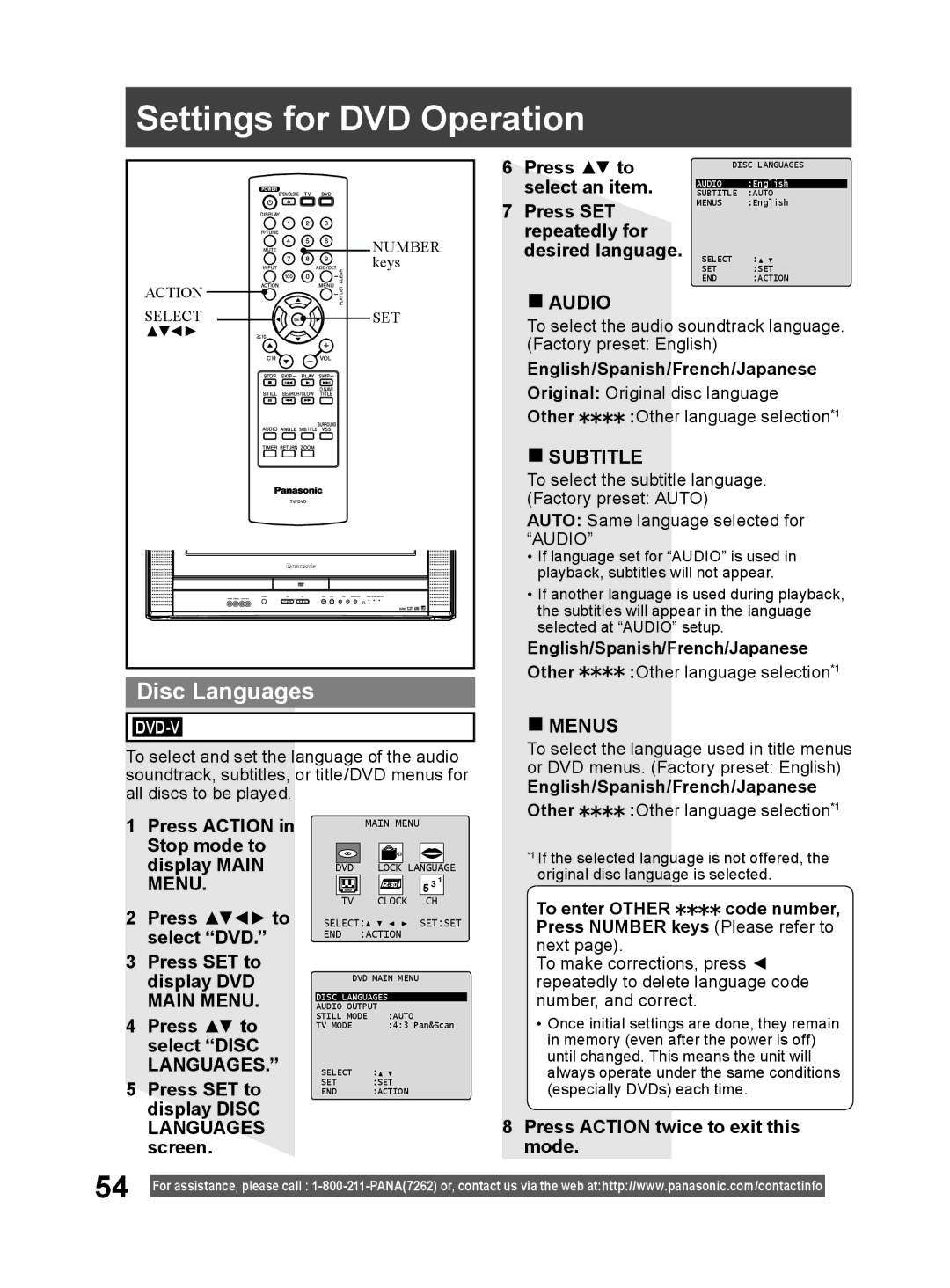 Panasonic PV 20DF64, PV 27DF64 operating instructions Settings for DVD Operation, Disc Languages 