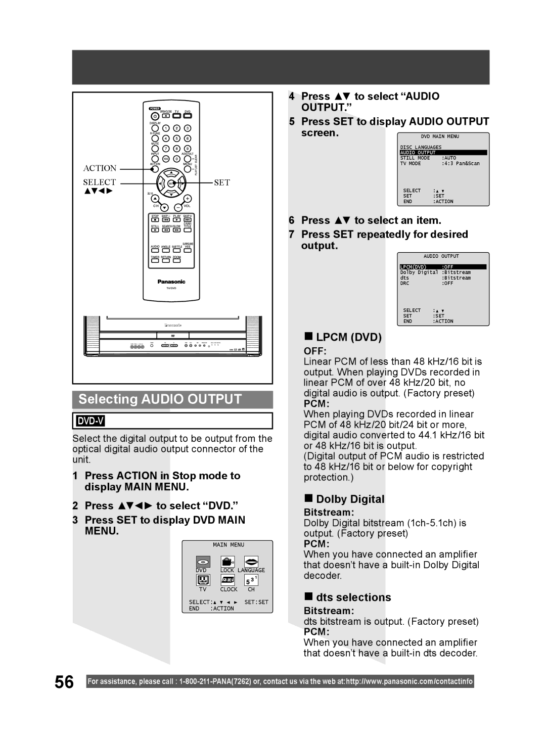 Panasonic PV 20DF64, PV 27DF64 Selecting Audio Output, Lpcm DVD, Dolby Digital, Dts selections, Bitstream 