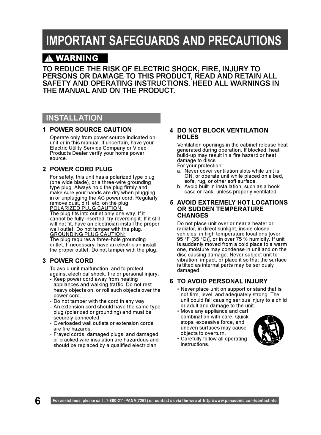 Panasonic PV 20DF64 Power Source Caution, Power Cord Plug, Do not Block Ventilation Holes, To Avoid Personal Injury 