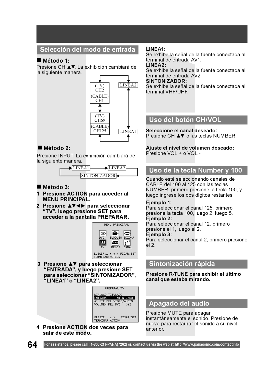 Panasonic PV 20DF64 Selección del modo de entrada, Uso del botón CH/VOL, Uso de la tecla Number y, Sintonización rápida 