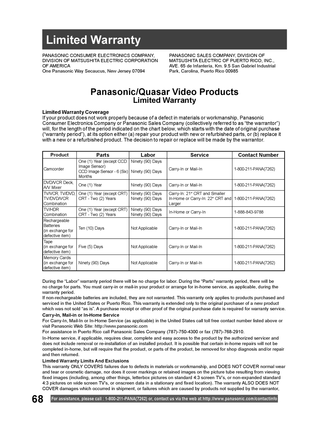 Panasonic PV 20DF64, PV 27DF64 operating instructions Limited Warranty, Panasonic/Quasar Video Products 