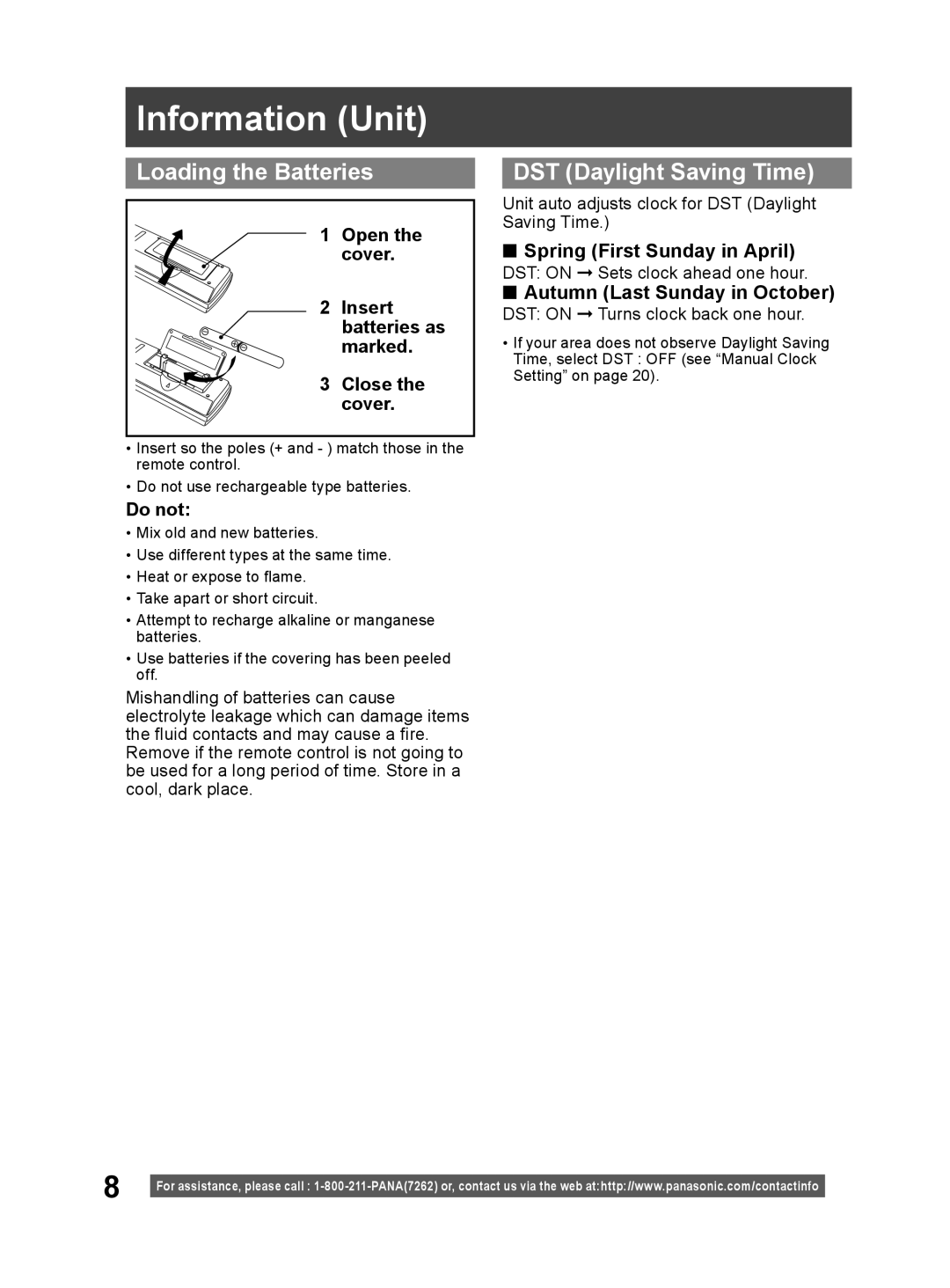 Panasonic PV 20DF64, PV 27DF64 operating instructions Information Unit, Loading the Batteries, DST Daylight Saving Time 