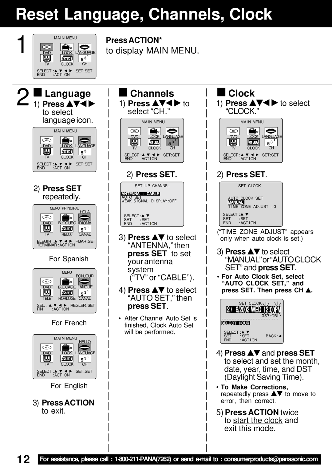 Panasonic PV-24DF62 manual Reset Language, Channels, Clock, PressLanguage 