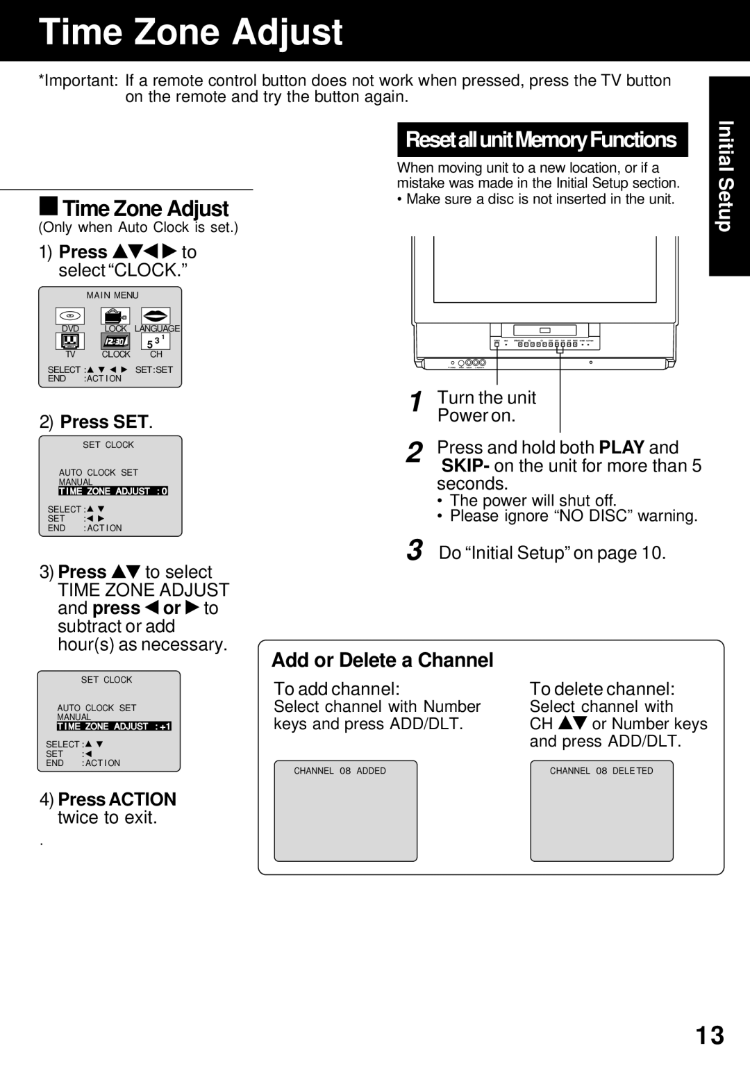 Panasonic PV-24DF62 manual Time Zone Adjust, ResetallunitMemoryFunctions 