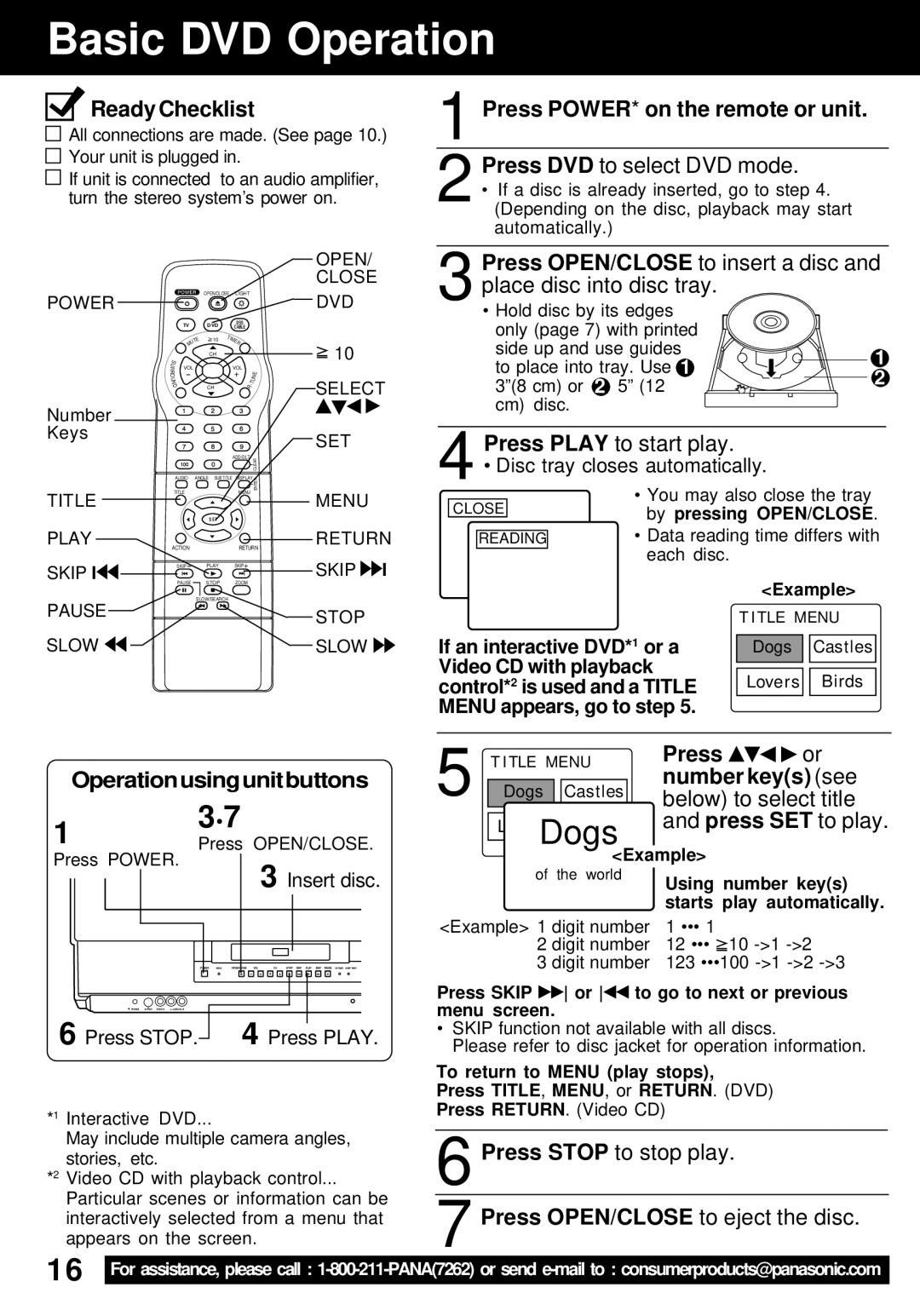 Panasonic PV-24DF62 Basic DVD Operation, Ready Checklist, Press POWER* on the remote or unit, Operationusingunitbuttons 