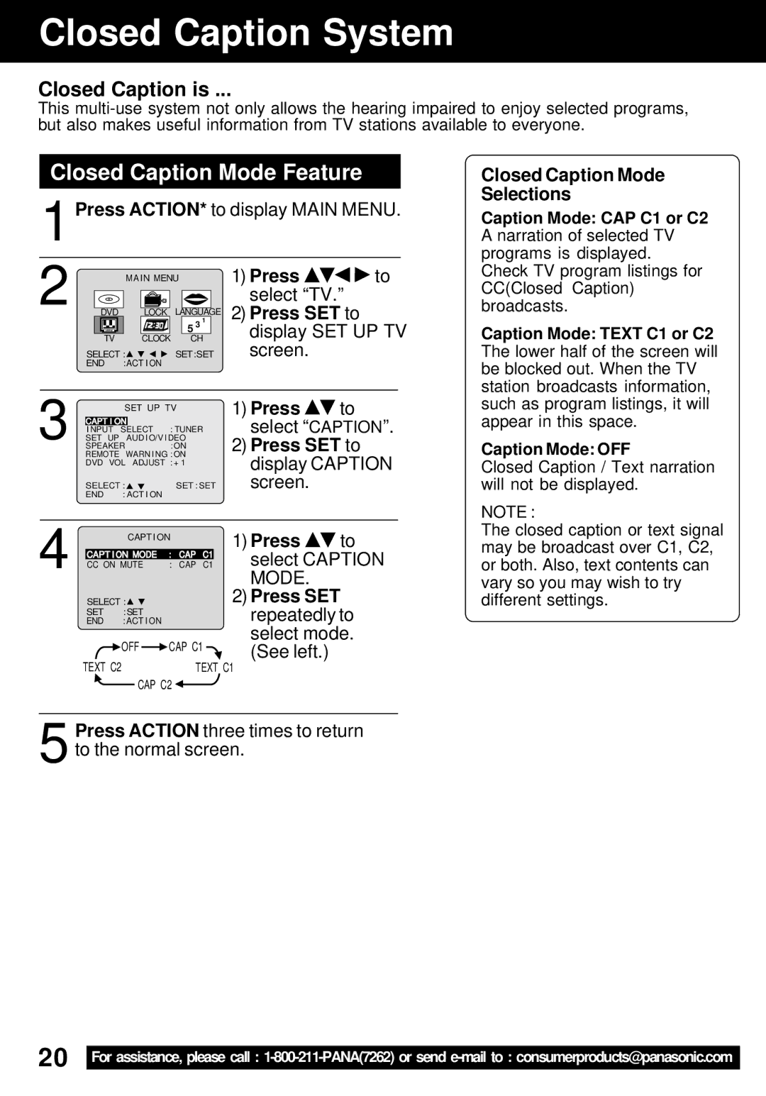 Panasonic PV-24DF62 manual Closed Caption System, Closed Caption Mode Feature, Press SET to, Closed Caption Mode Selections 