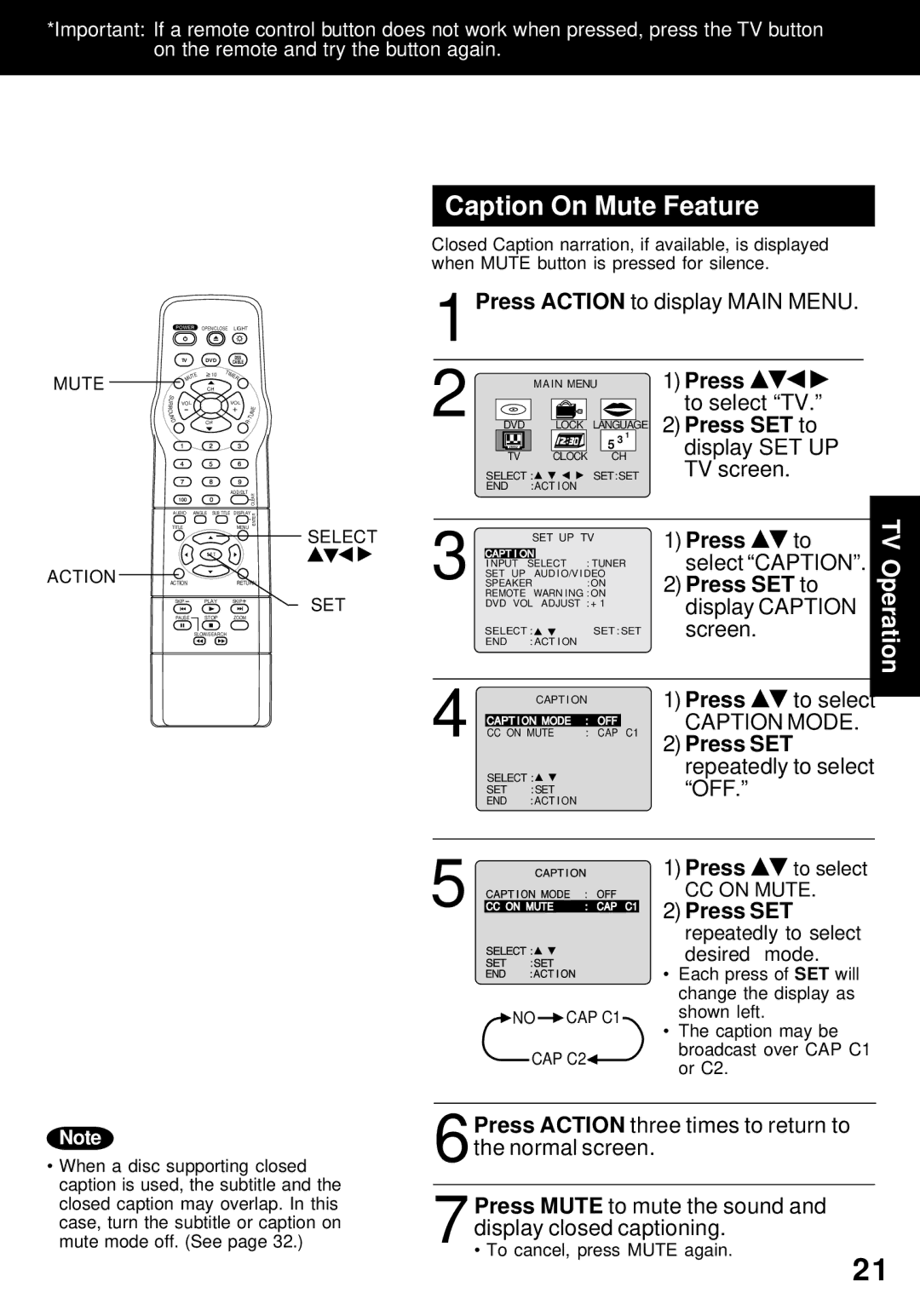 Panasonic PV-24DF62 manual Caption On Mute Feature, Press SET repeatedly to select 