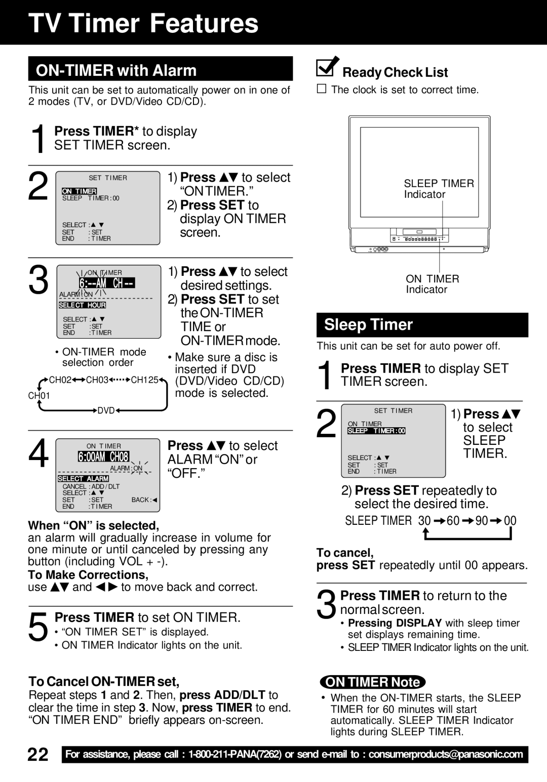 Panasonic PV-24DF62 manual TV Timer Features, ON-TIMER with Alarm, Sleep Timer 