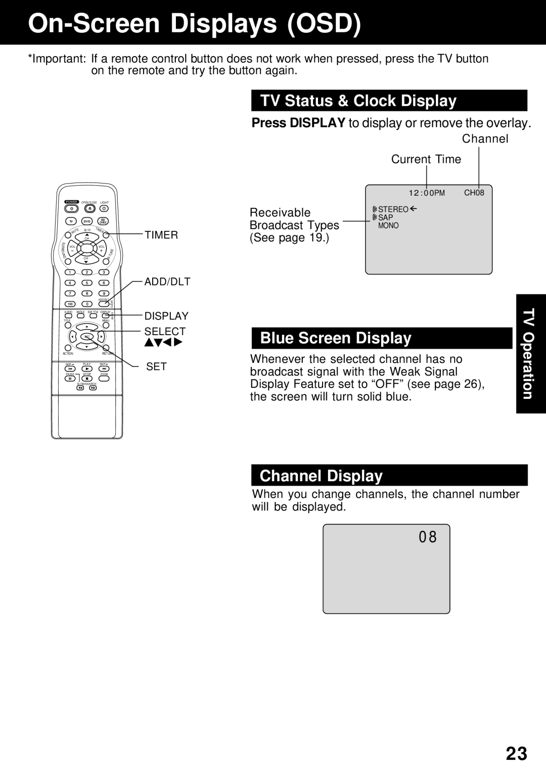 Panasonic PV-24DF62 manual On-Screen Displays OSD, TV Status & Clock Display, Blue Screen Display, Channel Display 