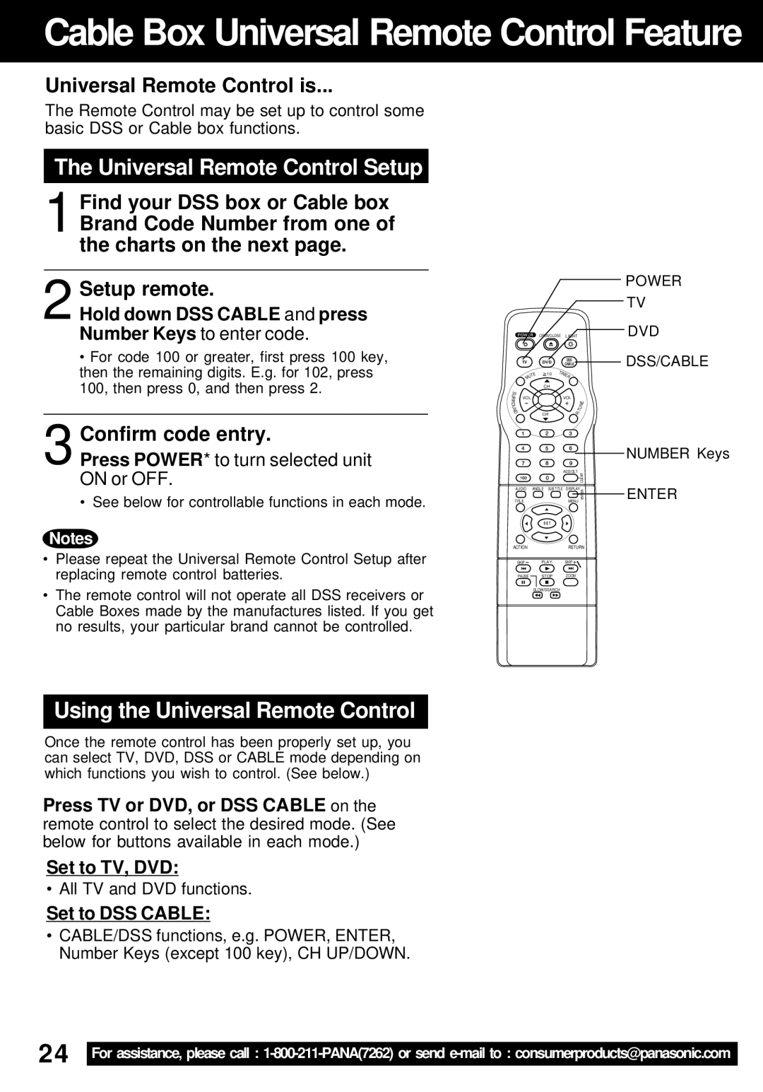 Panasonic PV-24DF62 Universal Remote Control Setup, Using the Universal Remote Control, Hold down DSS Cable and press 