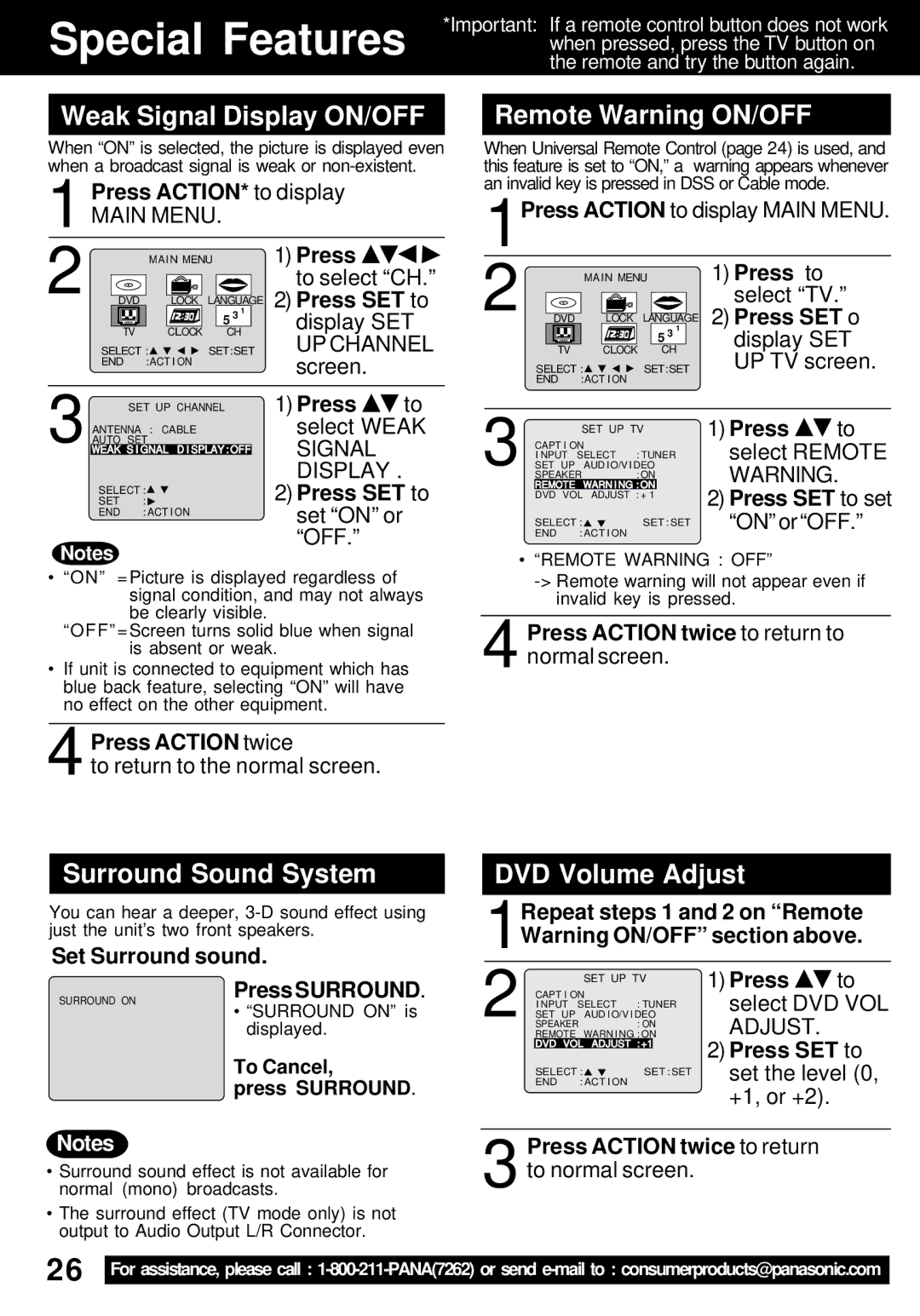 Panasonic PV-24DF62 manual Weak Signal Display ON/OFF, Remote Warning ON/OFF, Surround Sound System, DVD Volume Adjust 