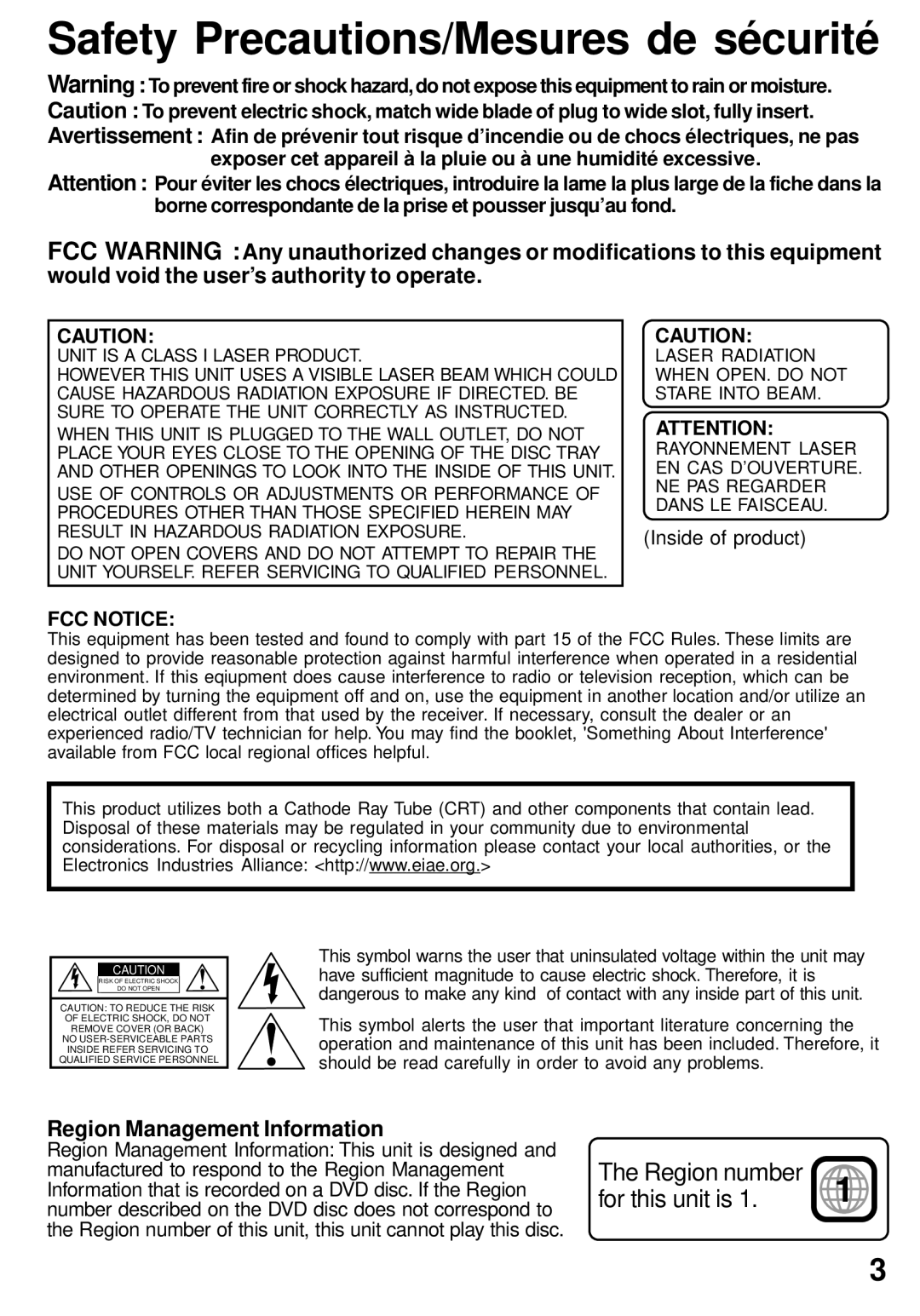 Panasonic PV-24DF62 manual Safety Precautions/Mesures de sécurité, Region Management Information 