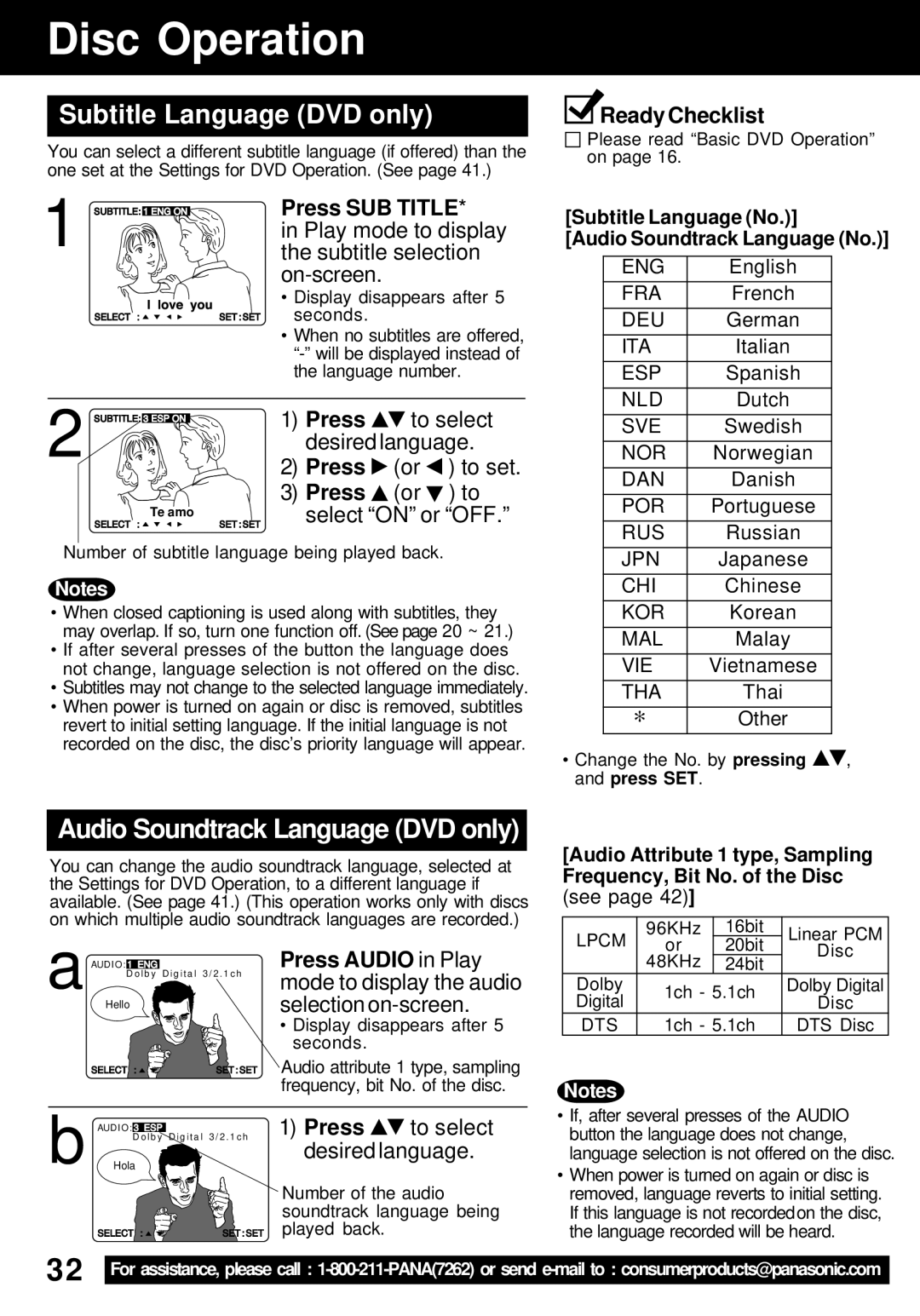 Panasonic PV-24DF62 manual Disc Operation, Subtitle Language DVD only, Press SUB Title 