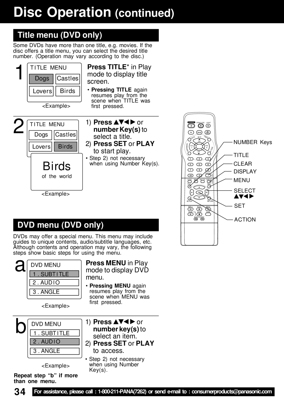 Panasonic PV-24DF62 manual Title menu DVD only, DVD menu DVD only, Press TITLE* in Play mode to display title screen 