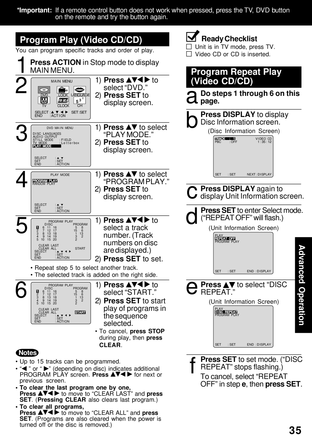 Panasonic PV-24DF62 manual Program Play Video CD/CD, Do steps 1 through 6 on this 