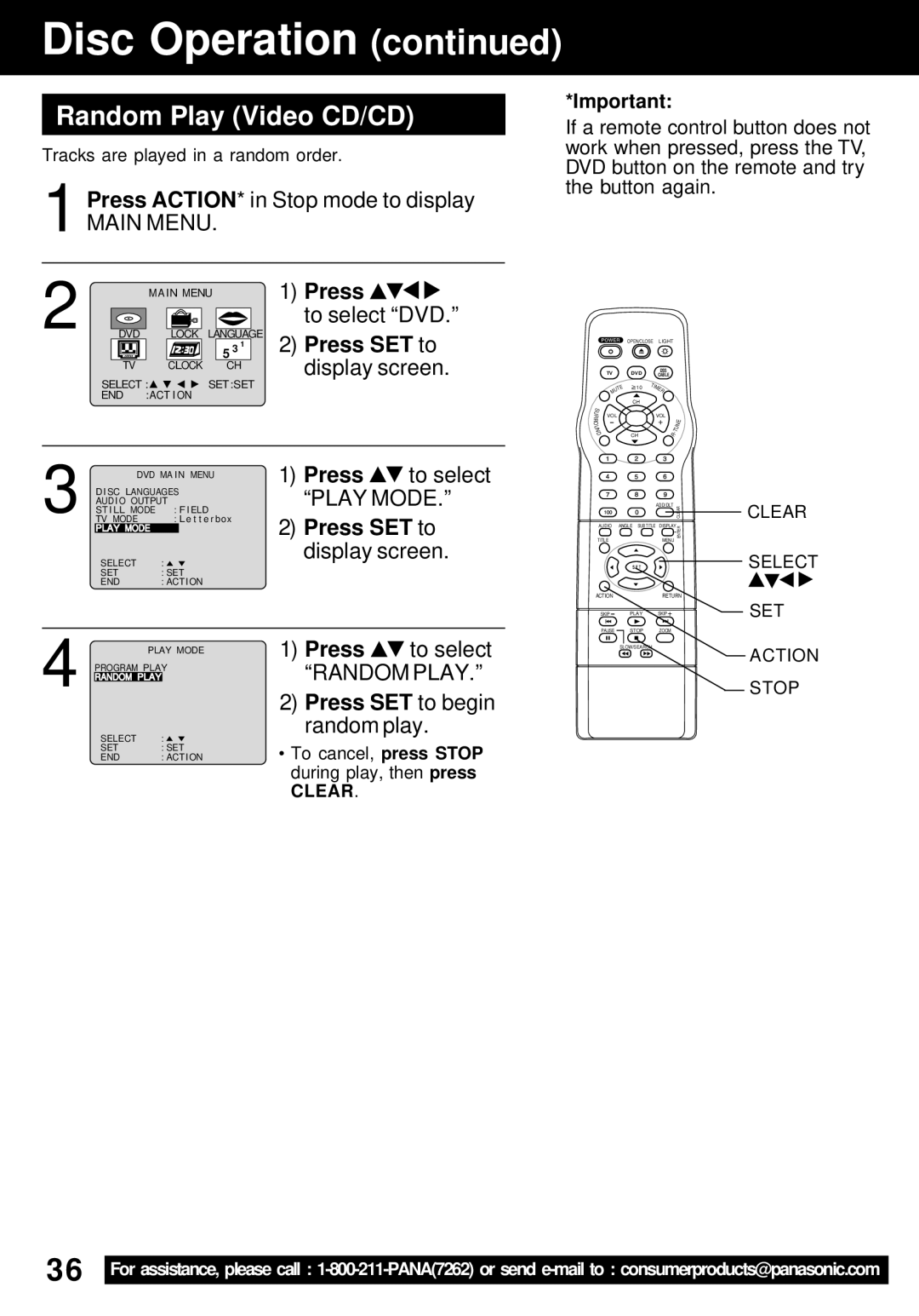 Panasonic PV-24DF62 Random Play Video CD/CD, Press ACTION* in Stop mode to display, To select DVD, Press SET to begin 