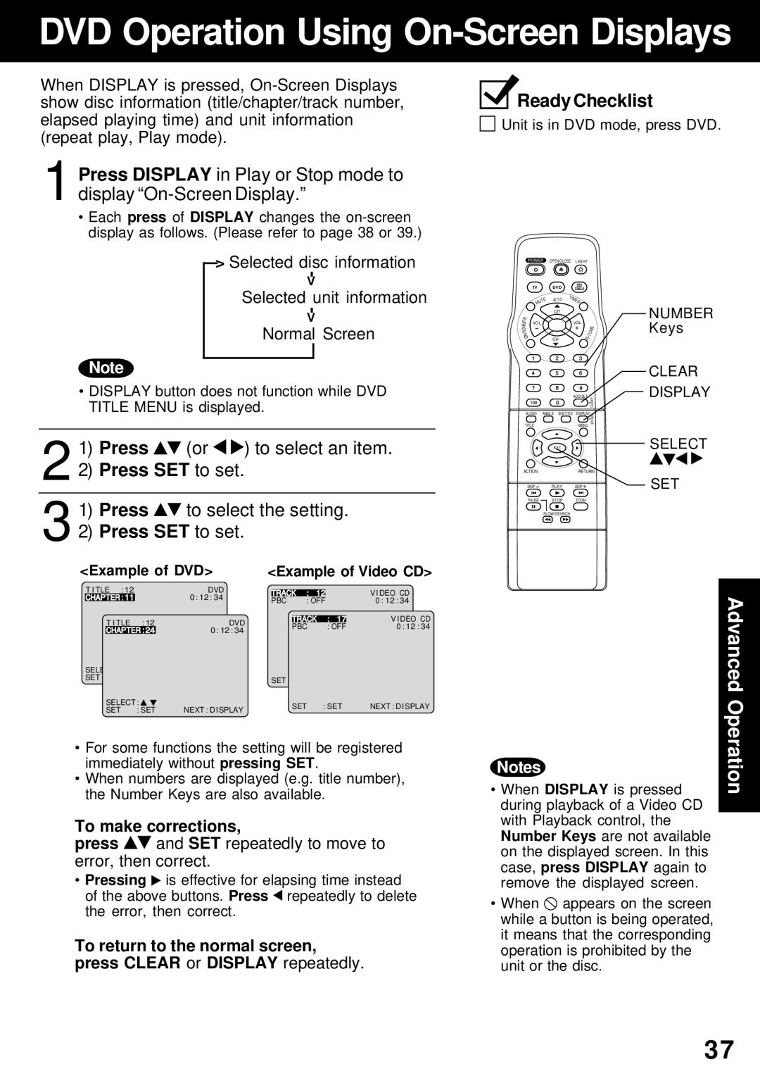 Panasonic PV-24DF62 manual Press or to select an item, Press SET to set, Press to select the setting, Number 