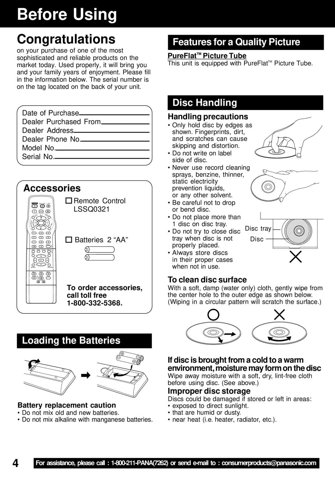 Panasonic PV-24DF62 manual Before Using, Accessories, Features for a Quality Picture, Disc Handling, Loading the Batteries 