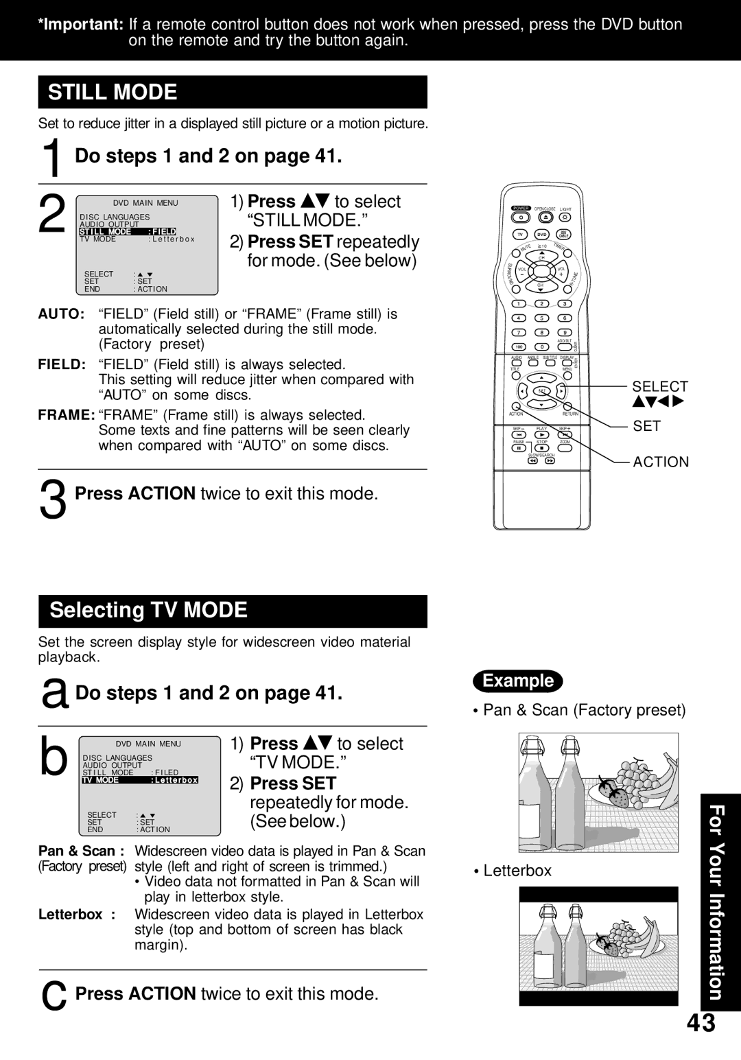 Panasonic PV-24DF62 manual Selecting TV Mode 