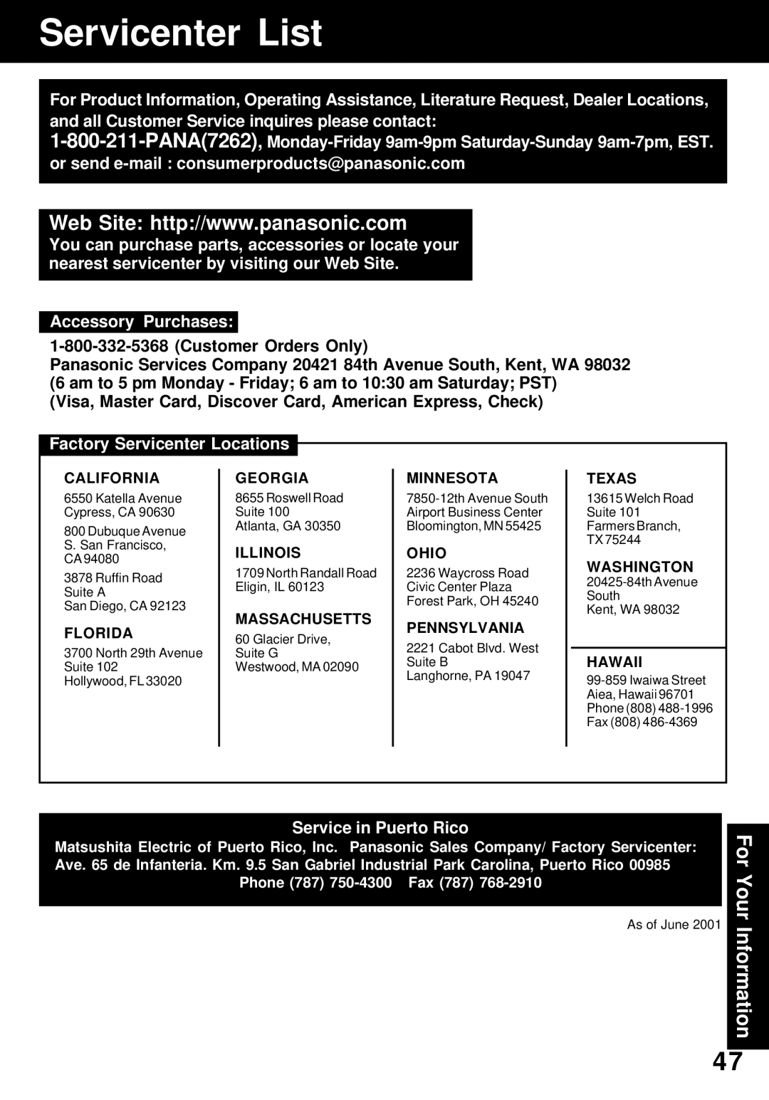 Panasonic PV-24DF62 manual Servicenter List, Factory Servicenter Locations 