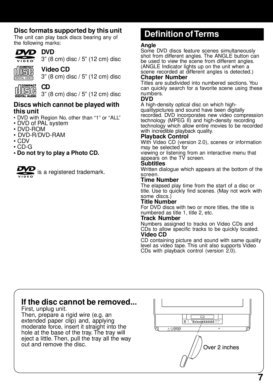 Panasonic PV-24DF62 manual If the disc cannot be removed, Disc formats supported by this unit, Video CD 