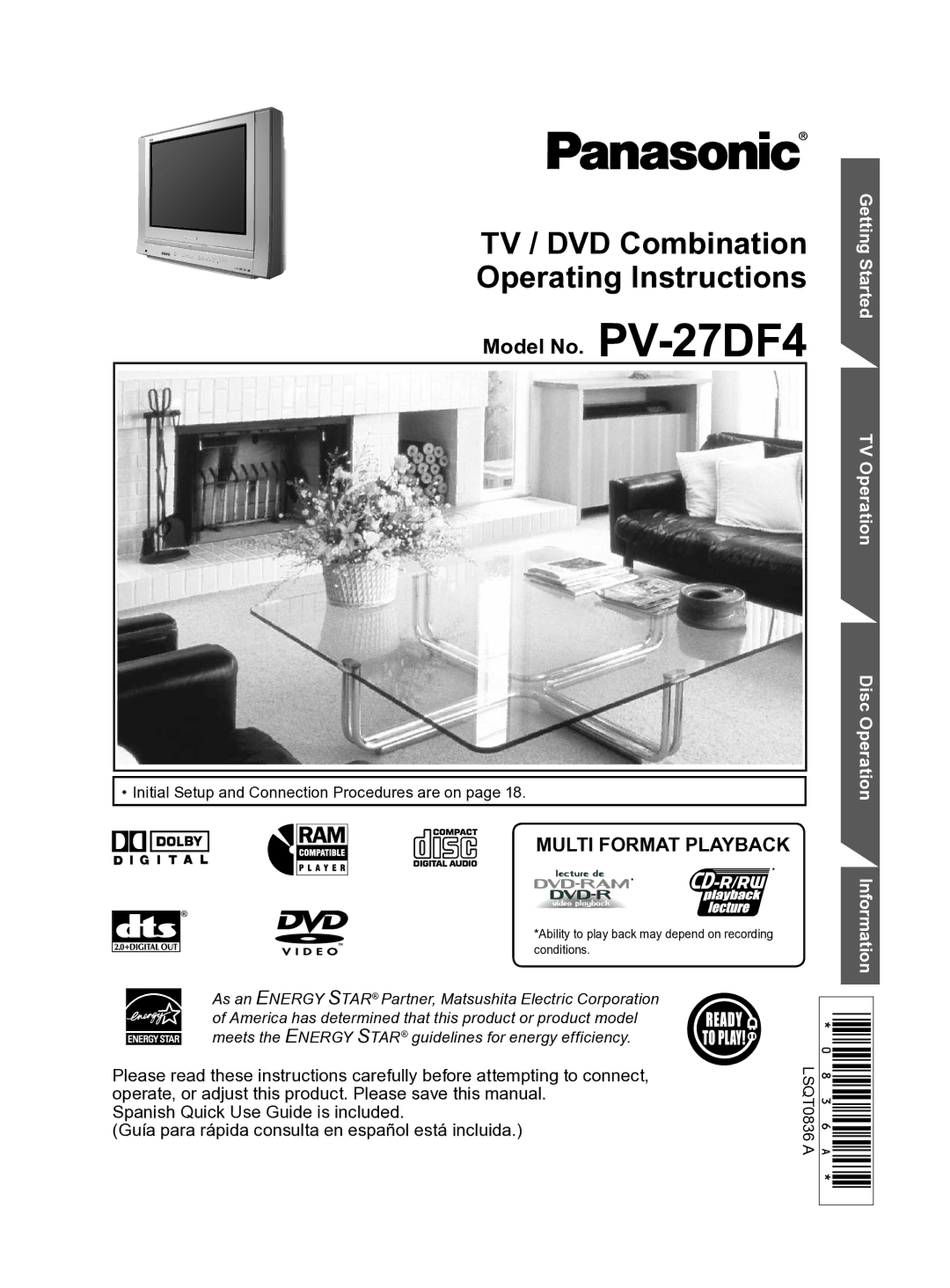 Panasonic PV-27DF4 operating instructions TV / DVD Combination Operating Instructions, Multi Format Playback 