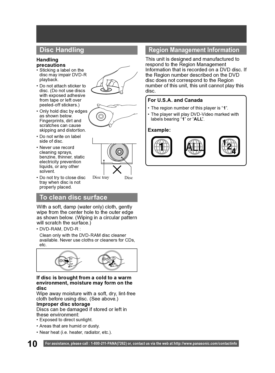 Panasonic PV-27DF4 operating instructions Disc Handling, To clean disc surface, Region Management Information 