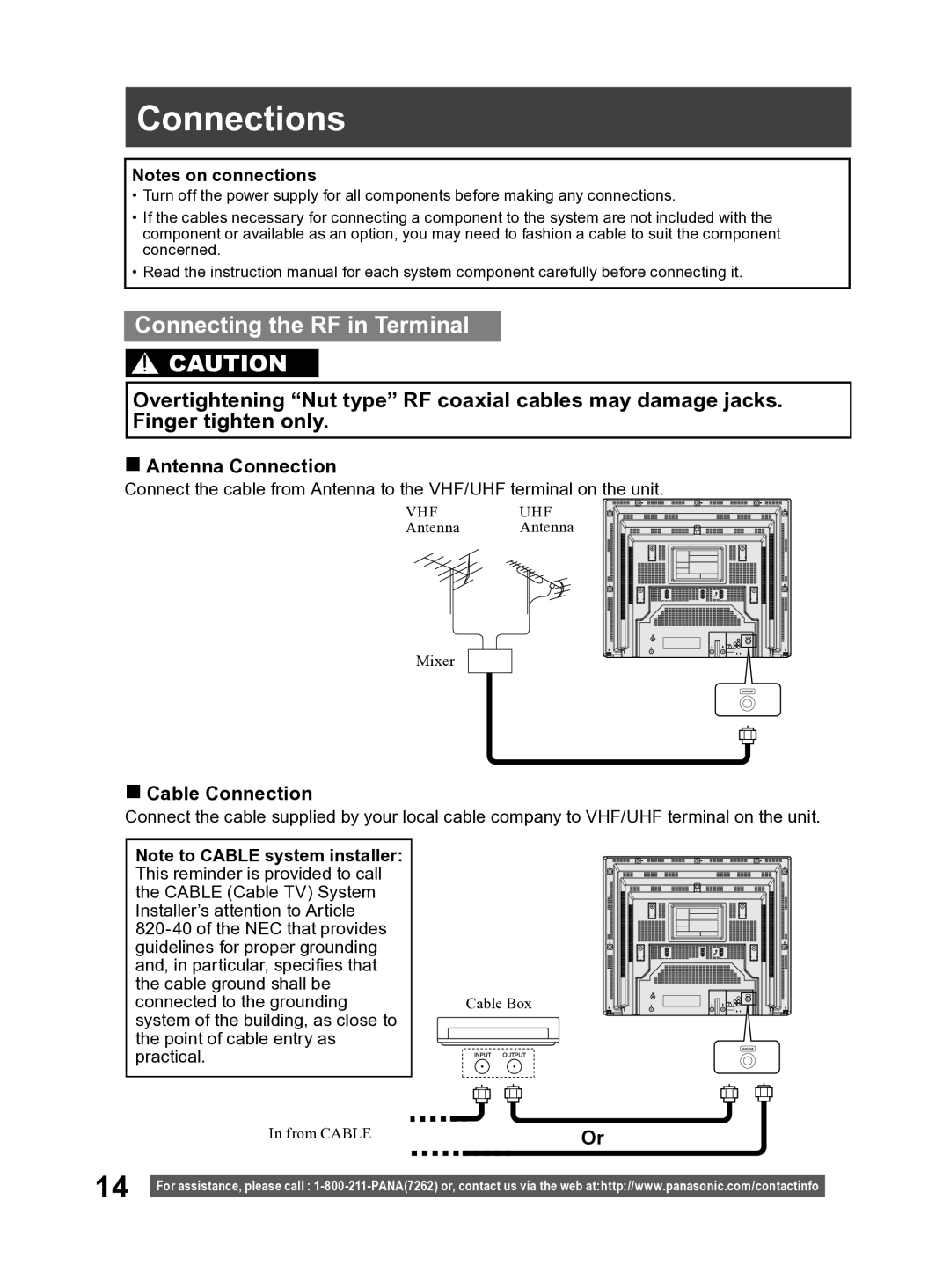 Panasonic PV-27DF4 operating instructions Connections, Connecting the RF in Terminal, Antenna Connection, Cable Connection 